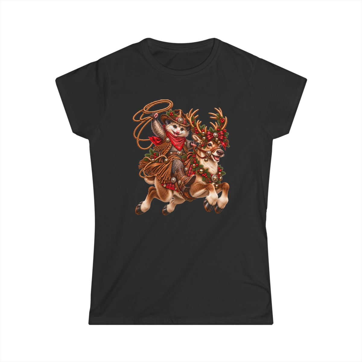 Pete’s Christmas Reindeer Ride Women’s T-Shirt – Cute Western Possum Holiday Tee 🎄🦌🤠