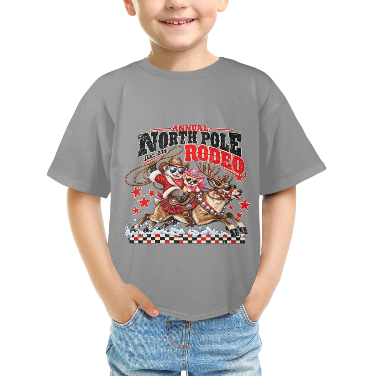 Pete & Coco North Pole Rodeo Youth T-Shirt  Western Christmas Reindeer Holiday Tee