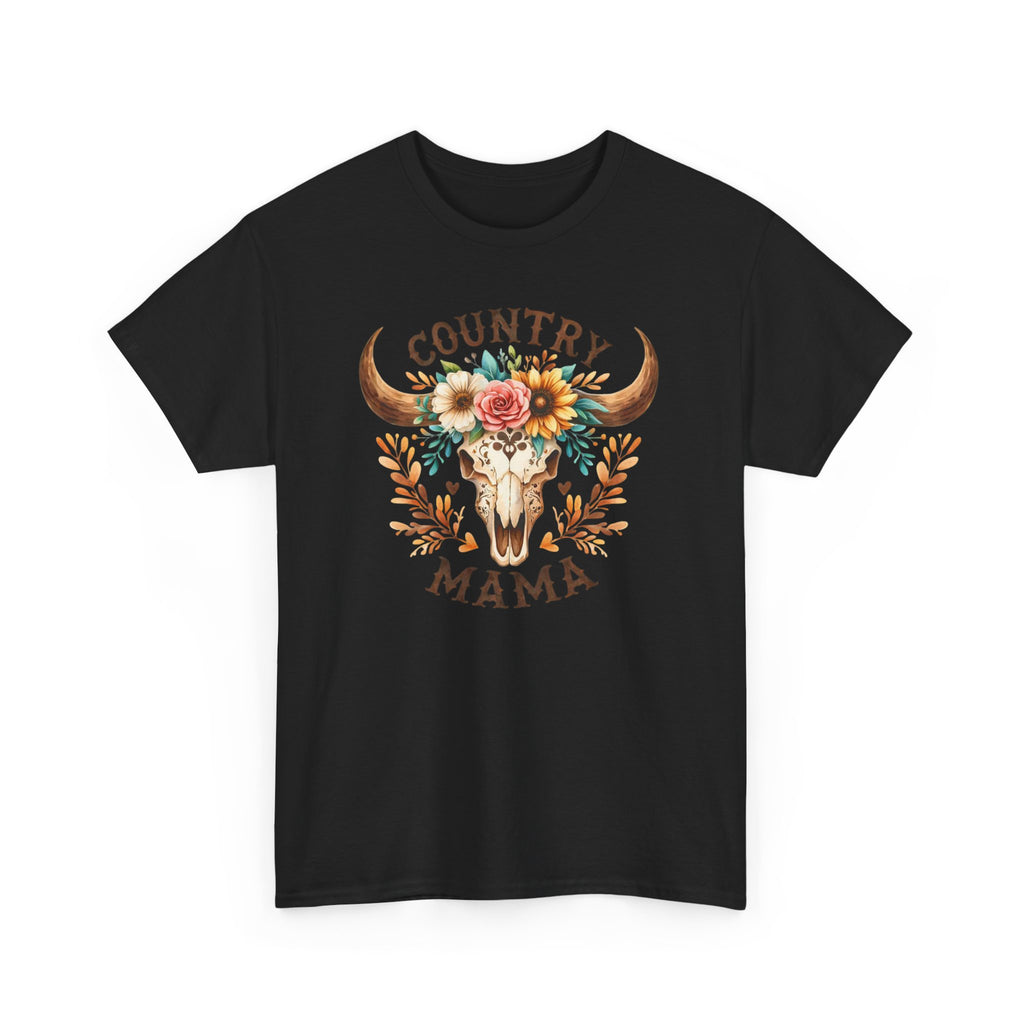 Country Mama T‑Shirt — Floral Steer Skull Design for Moms (Mother's Day, Farm Life)