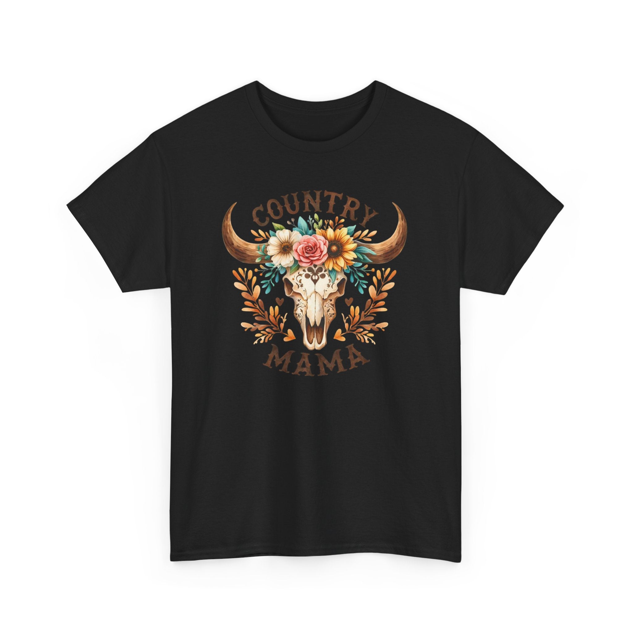 Country Mama T‑Shirt — Floral Steer Skull Design for Moms (Mother's Day, Farm Life)