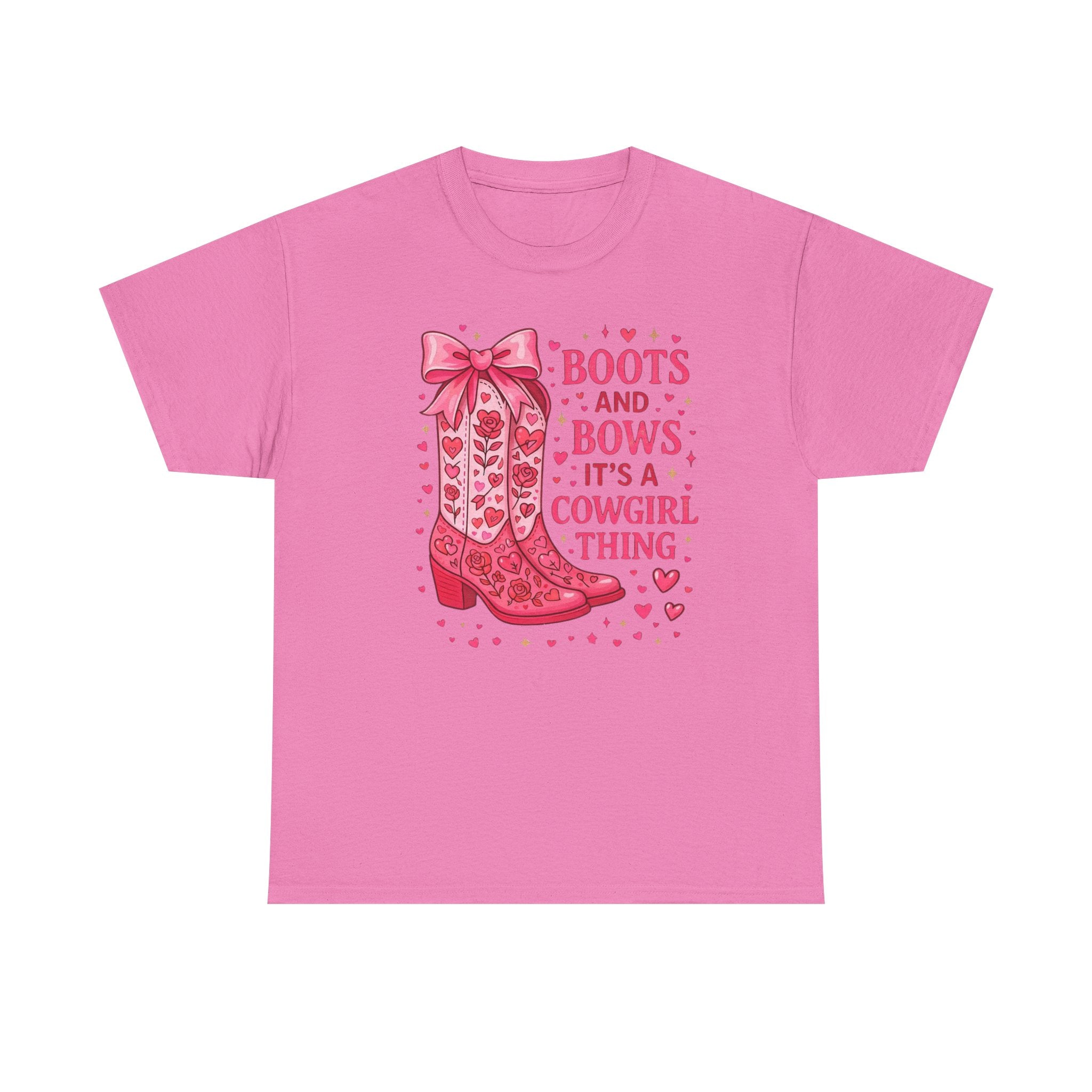 Cowgirl Boots and Bows T‑Shirt — "Boots and Bows, It's a Cowgirl Thing" Pink Western Tee  Trendy Farm