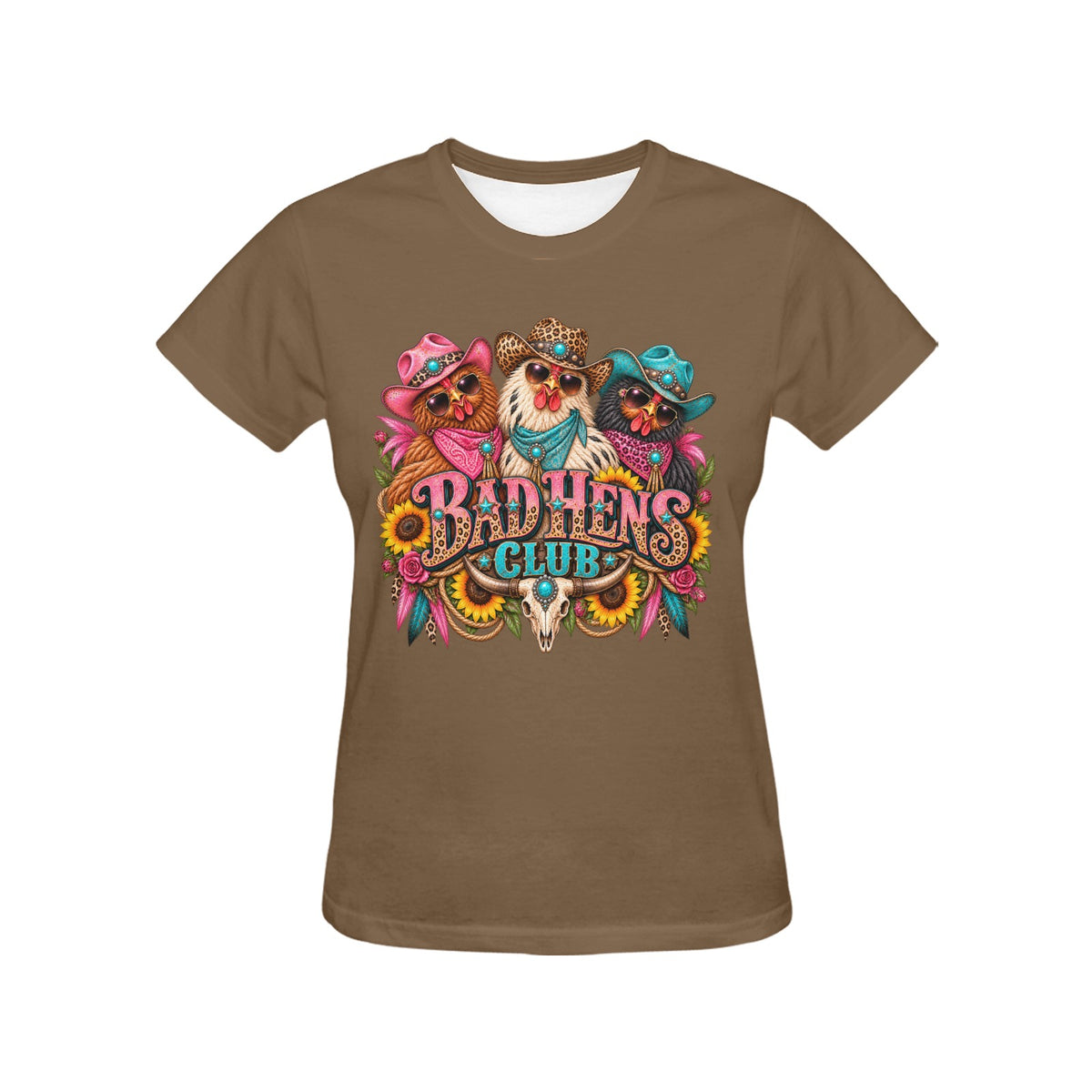 Bad Hens Club Women’s T-Shirt – Funny Western Chicken Cowgirl Graphic Tee