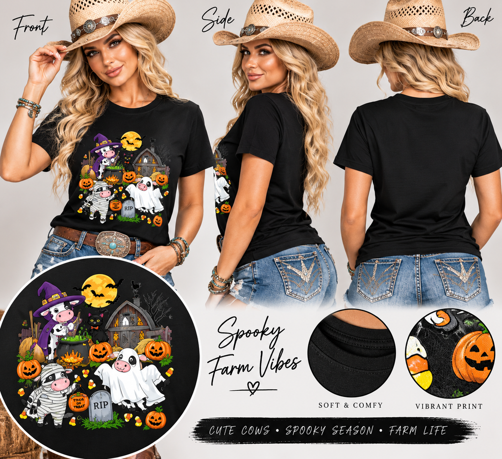 Spooky Farm Halloween Cows Women’s T-Shirt  Cute Trick or Treat Cow Tee