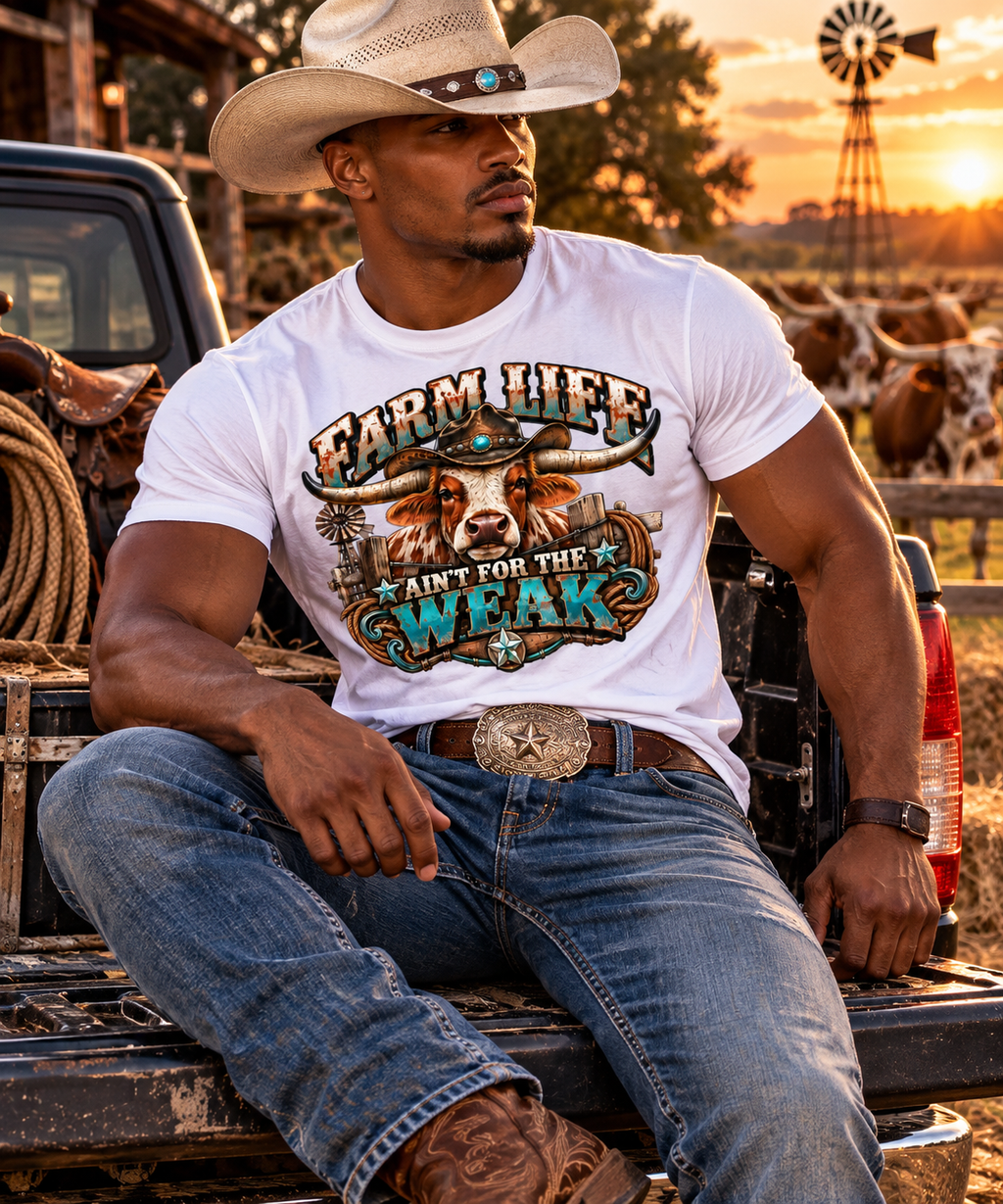 Farm Life Ain’t for the Weak Men’s Western T-Shirt – Longhorn Cowboy Ranch Graphic Tee