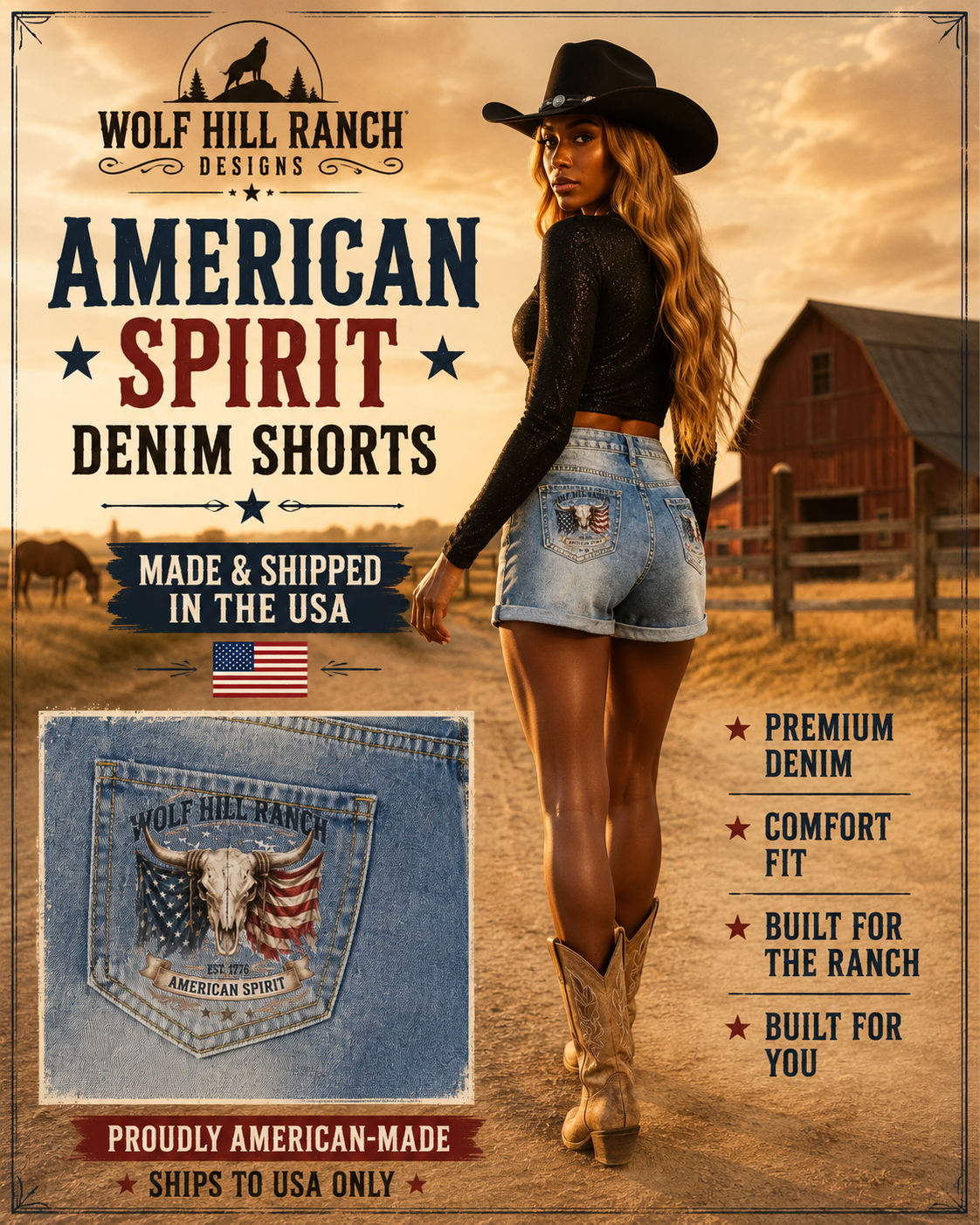 Wolf Hill Ranch American Spirit Denim Shorts  Made &amp; Shipped in the USA