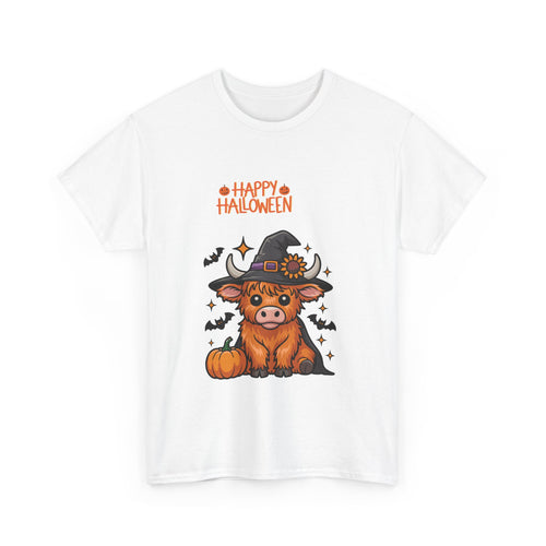 "Happy Halloween" Highland Cow Witch Hat T-Shirt — Cute Baby Cow Pumpkin Bats Farm Halloween Tee | Wolf Hill Designs