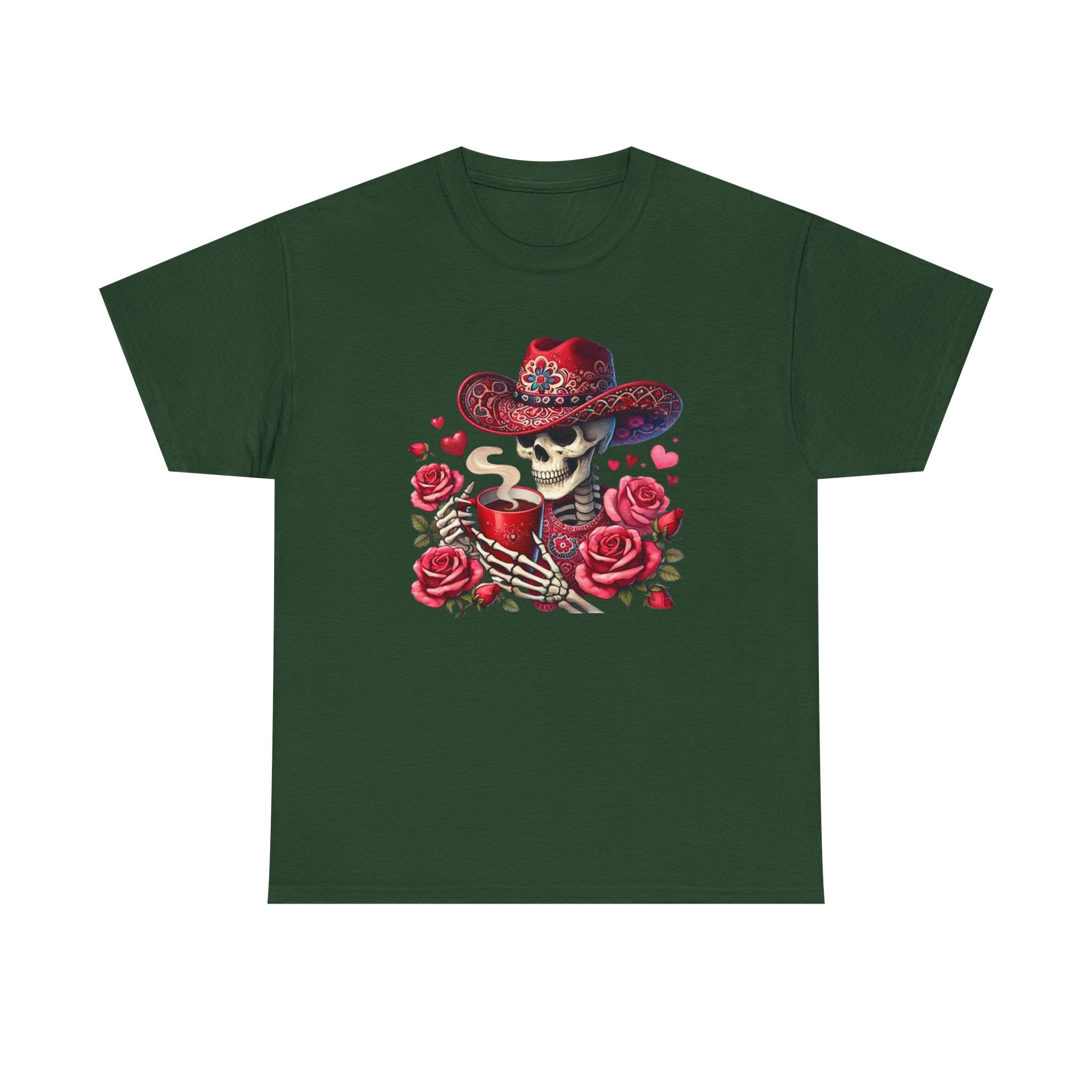 Skeleton Cowboy Western Skull Tee — Roses & Coffee Lovers Graphic T-Shirt  Trendy Skull