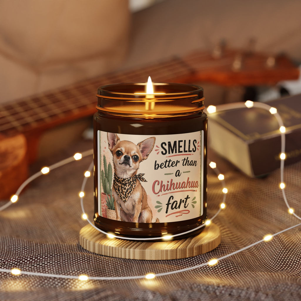 Chihuahua Candle — 'Smells Better Than a Chihuahua Fart' Scented Soy Candle (Amber Jar)