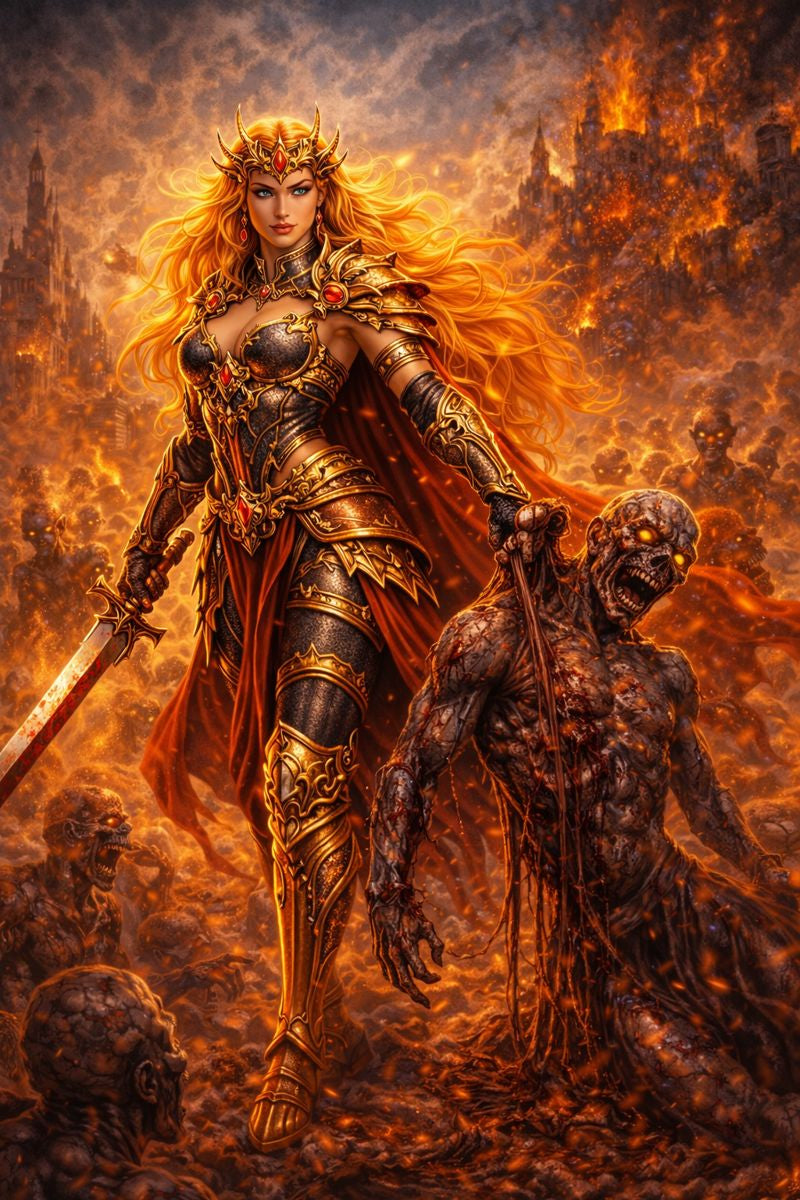 Warrior Queen  Drusilla -  amidst fiery Battlefield Chaos of the undead zombies⚔️🛡️🧟💀