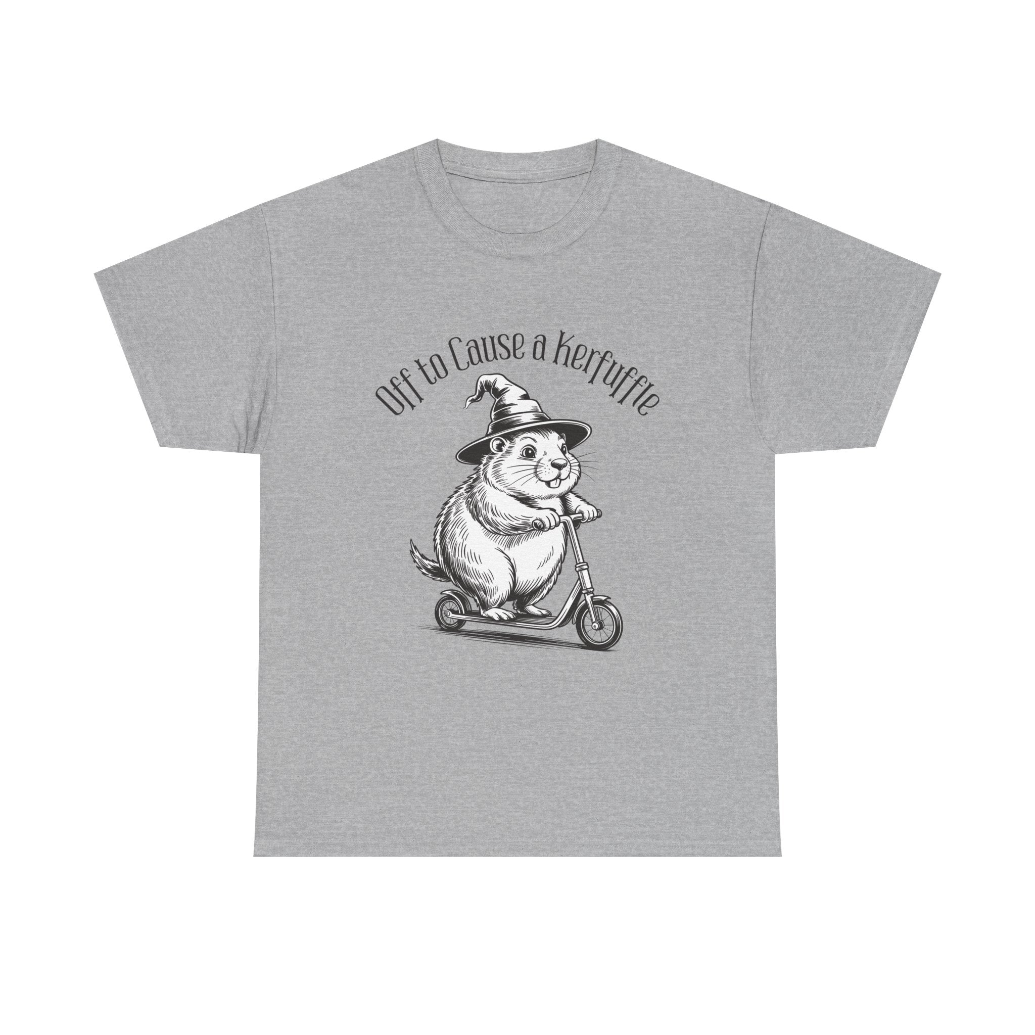 Groundhog Witch Scooter Tee — "Off to Cause a Kerfuffle" Graphic Shirt