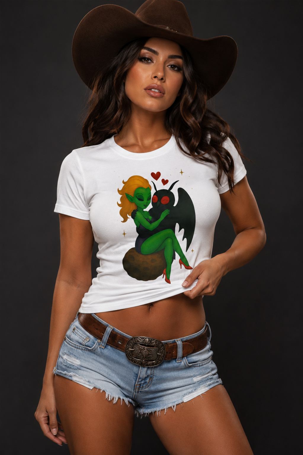 Alien Pin-Up Girl & Mothman Love T-Shirt — Cute Green Alien Bat Wings Red Heels Cryptid Halloween Witchy Graphic Tee | Wolf Hill Designs