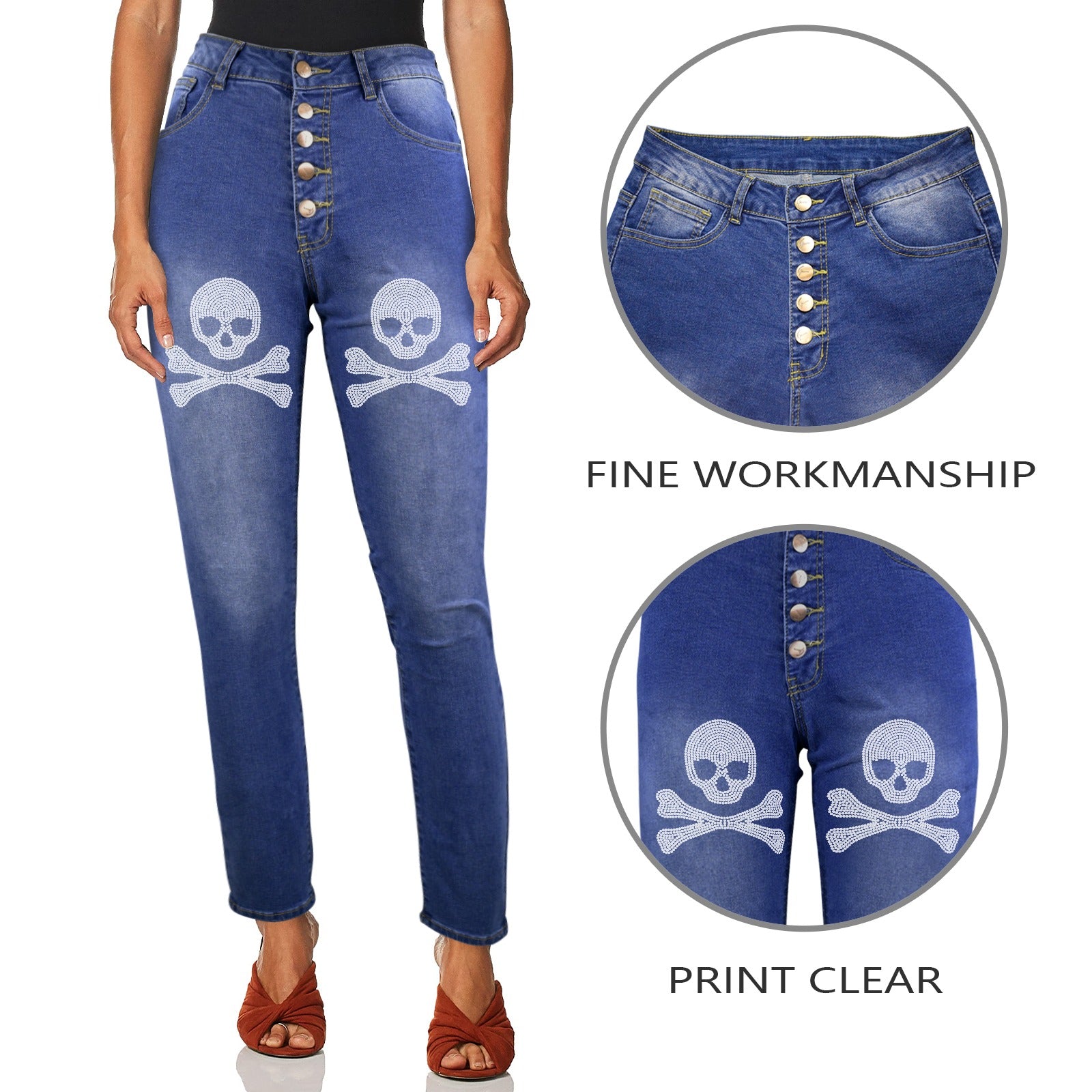Jolly Roger Pirate Women's Jeans (Front Printing) Made In USA Ships to USA Only