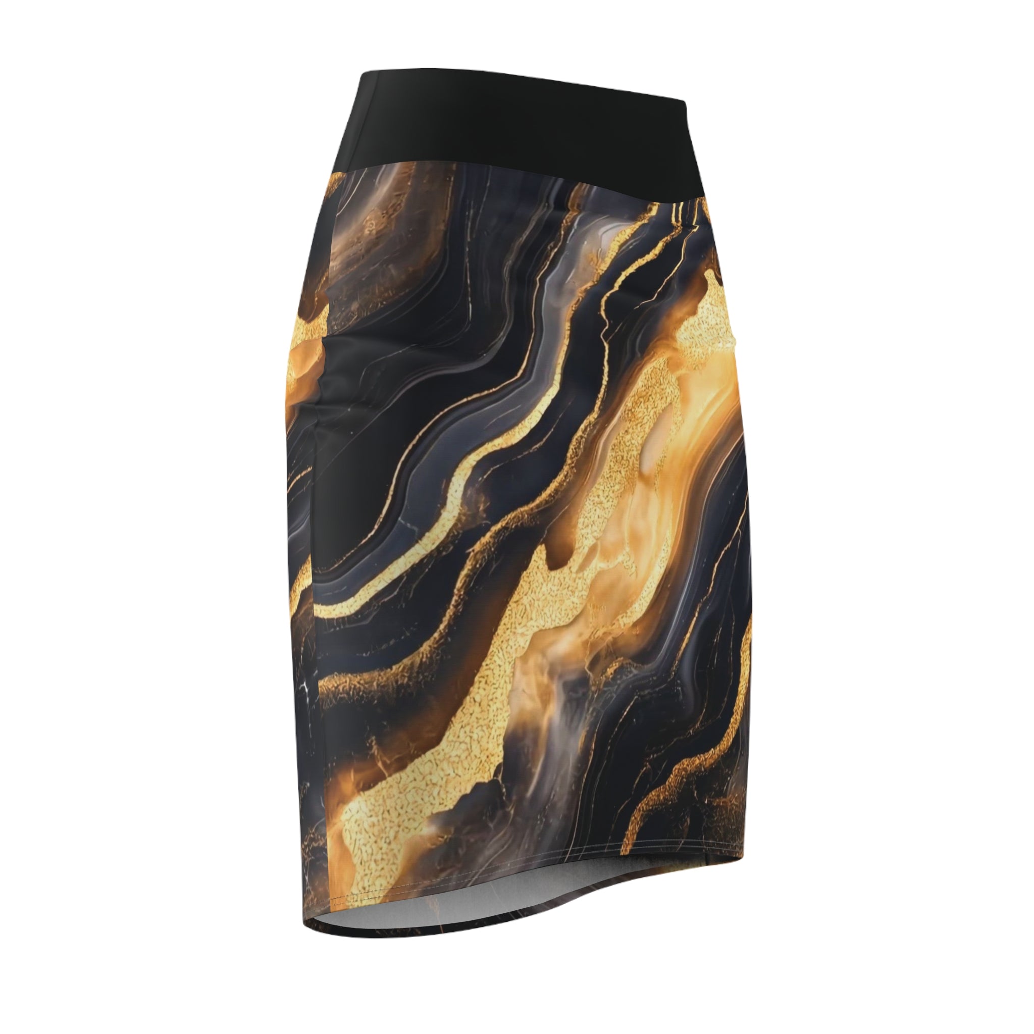 Gold Marble Pencil Skirt — Luxe Black & Gold Abstract Print