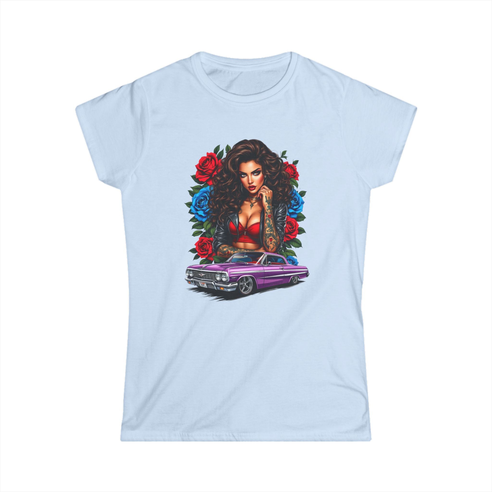 Lowrider Pinup Tee — Chicana Girl, Roses & Purple Classic Car Graphic Shirt Ladies