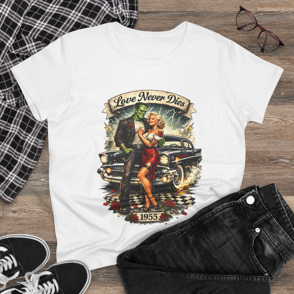 1955 Pinup Car Tee – "Love Never Dies" Vintage Rockabilly T-Shirt  LADIES