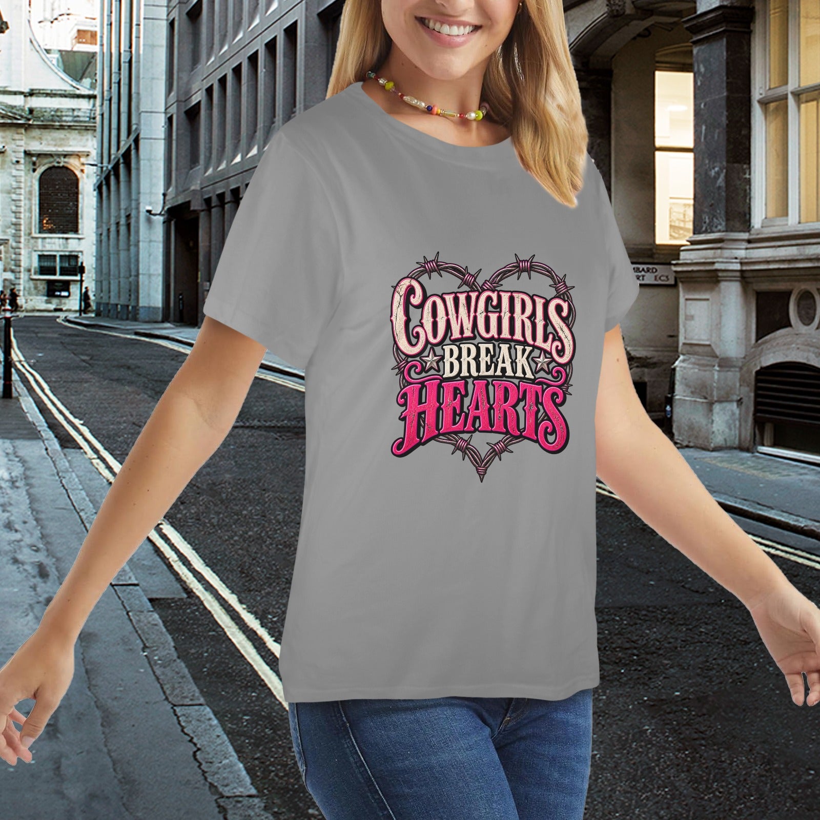 Cowgirls Break Hearts Women’s Western T-Shirt  Pink Barbed Wire Cowgirl Tee