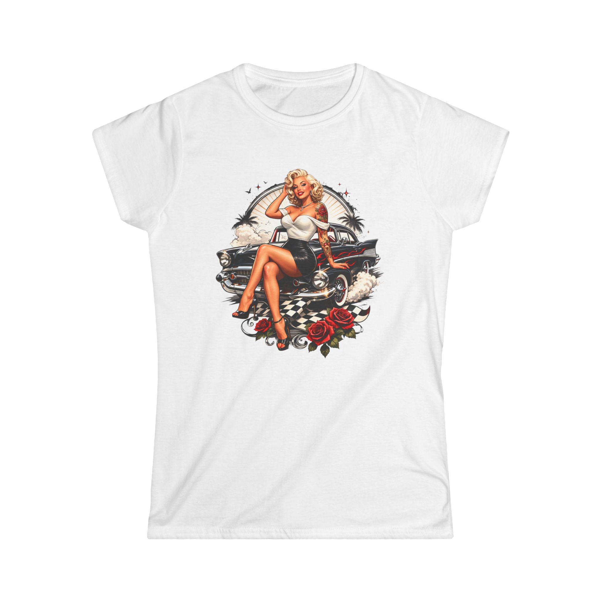 Pinup Car Girl T‑Shirt — Vintage Pin-Up Graphic Tee with Classic Car & Roses Ladies
