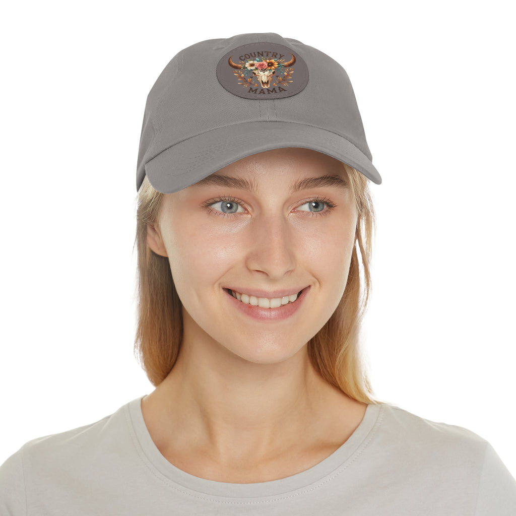 Country Mama Leather Patch Dad Hat — Floral Bull Skull Cap