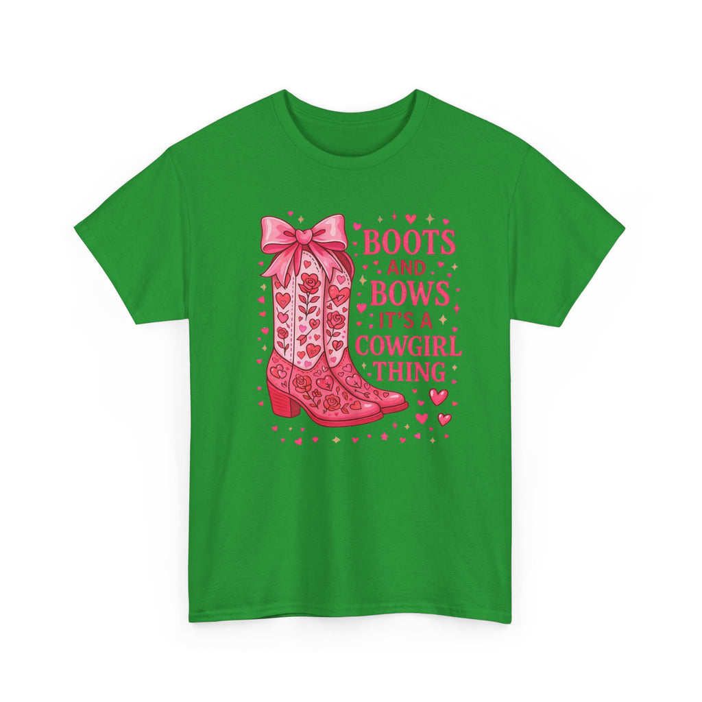 Cowgirl Boots and Bows T‑Shirt — "Boots and Bows, It's a Cowgirl Thing" Pink Western Tee  Trendy Farm
