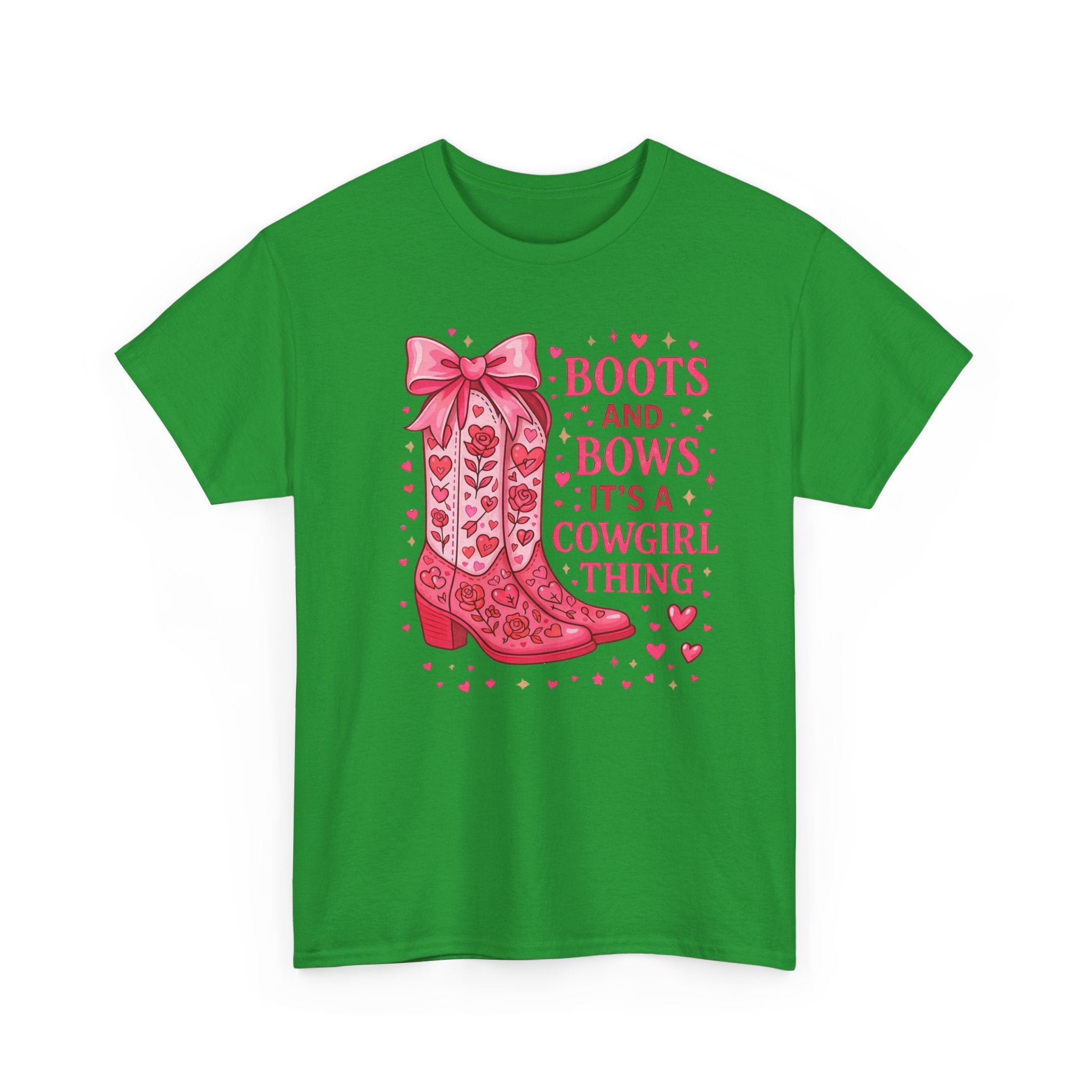 Cowgirl Boots and Bows T‑Shirt — "Boots and Bows, It's a Cowgirl Thing" Pink Western Tee  Trendy Farm