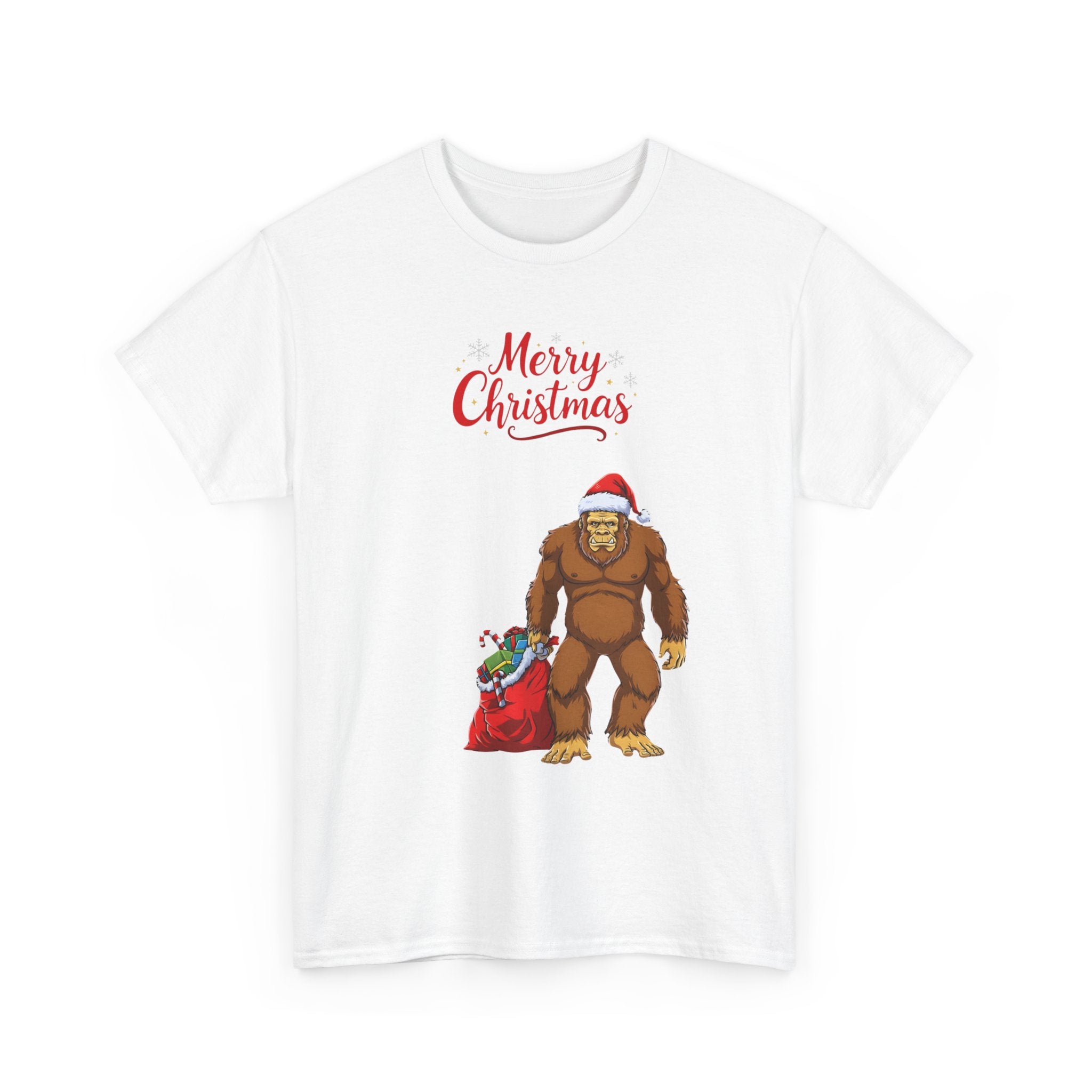 Christmas Sasquatch T-Shirt — "Merry Christmas" Bigfoot with Santa Hat & Gift Sack