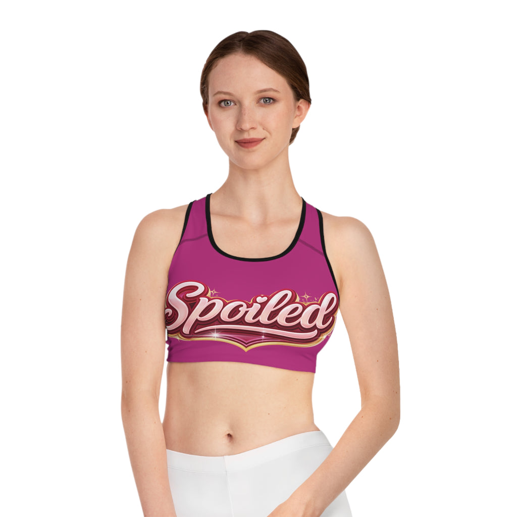Spoiled Pink Sports Bra — Cute Glitter Script Activewear