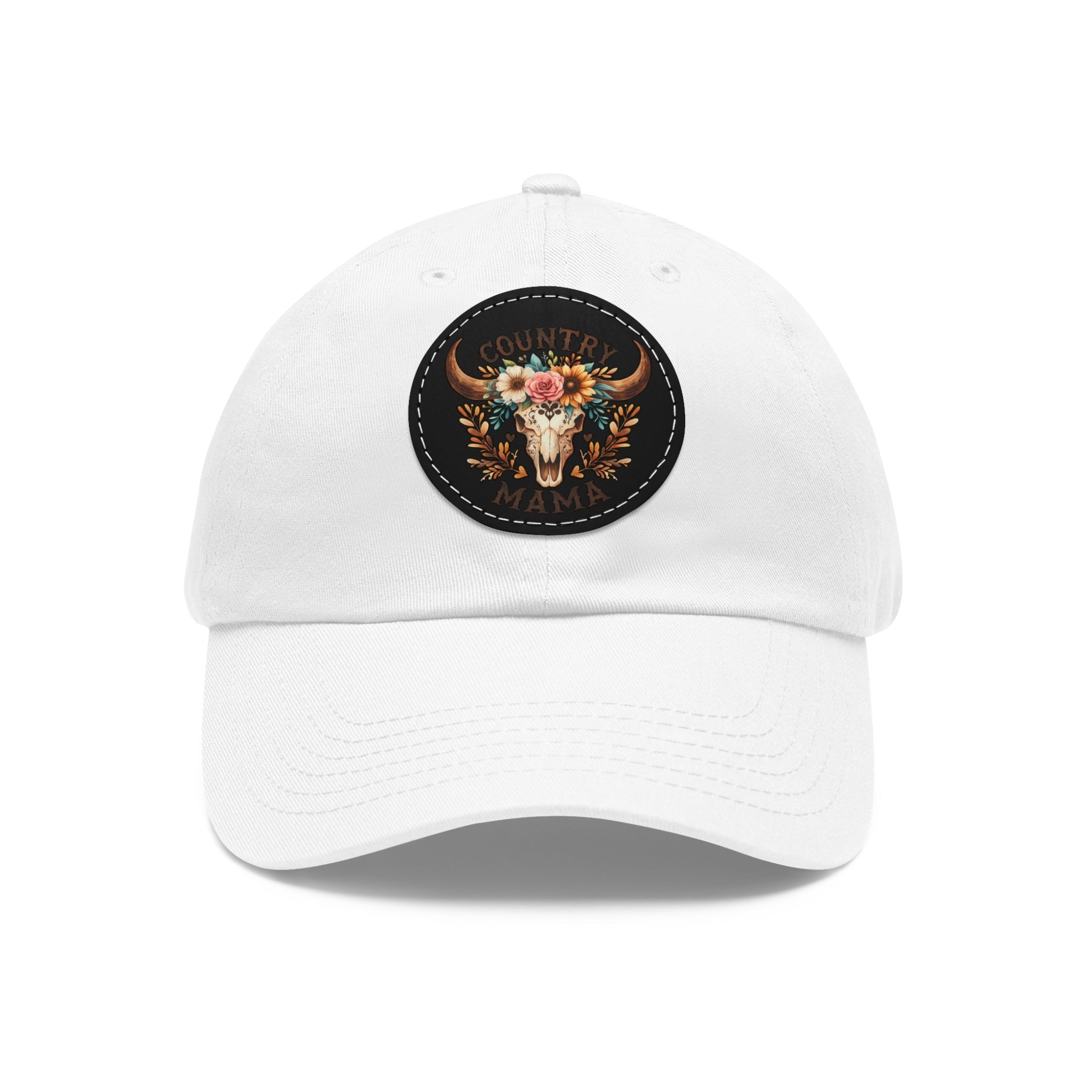 Country Mama Leather Patch Dad Hat — Floral Bull Skull Cap