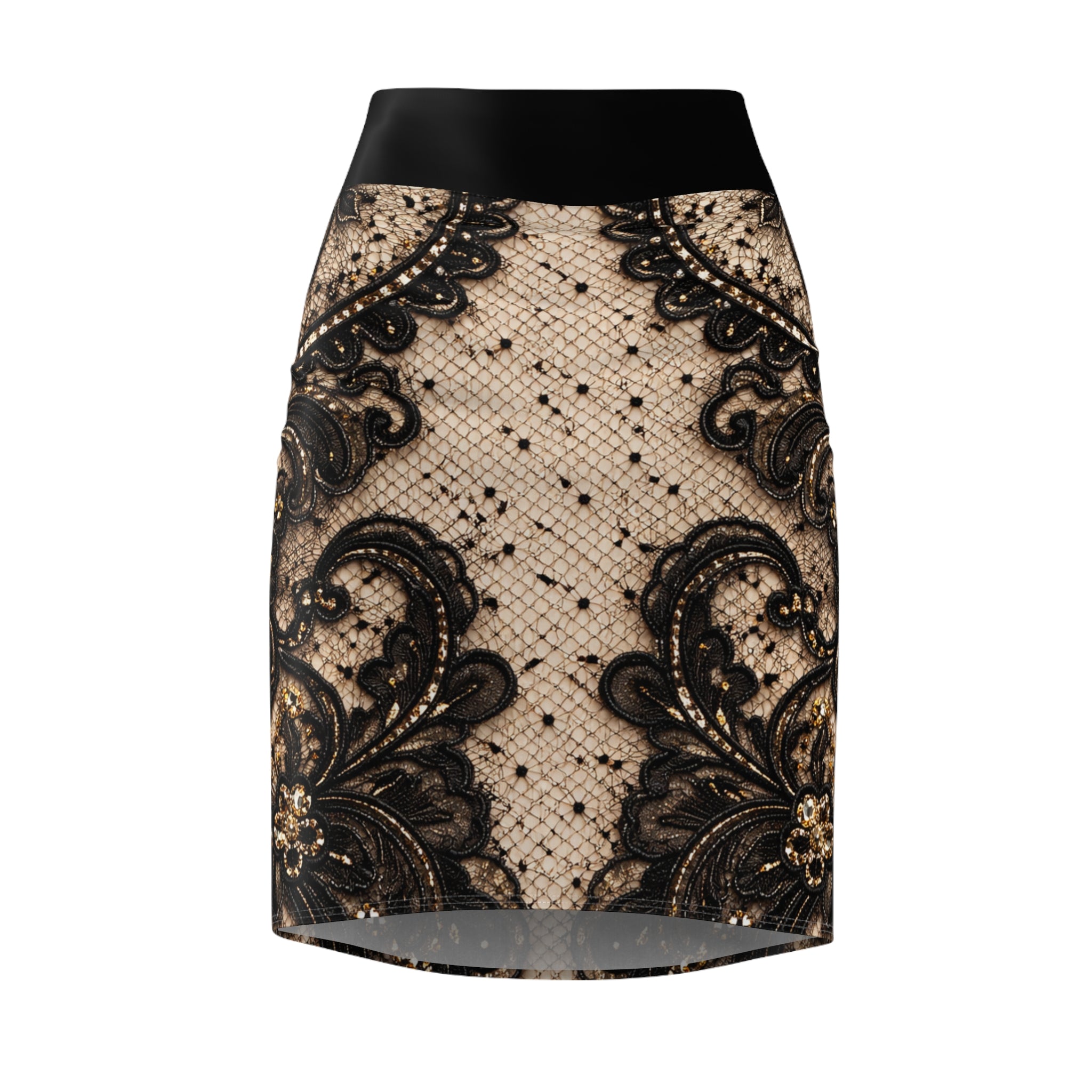Lace Vintage Pencil Skirt — Black Floral Lace on Nude Sheer Print