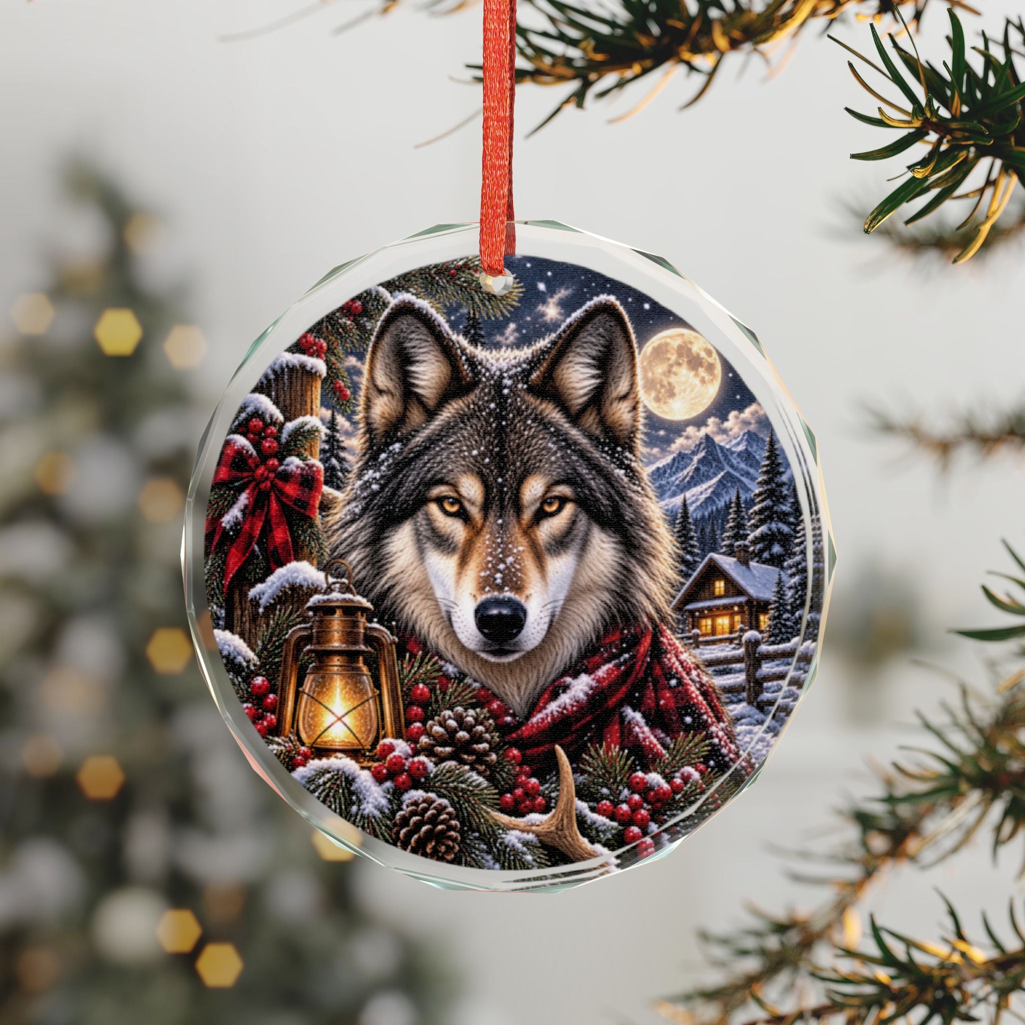 Wolf Winter Glass Ornament  Rustic Woodland Holiday Decoration
