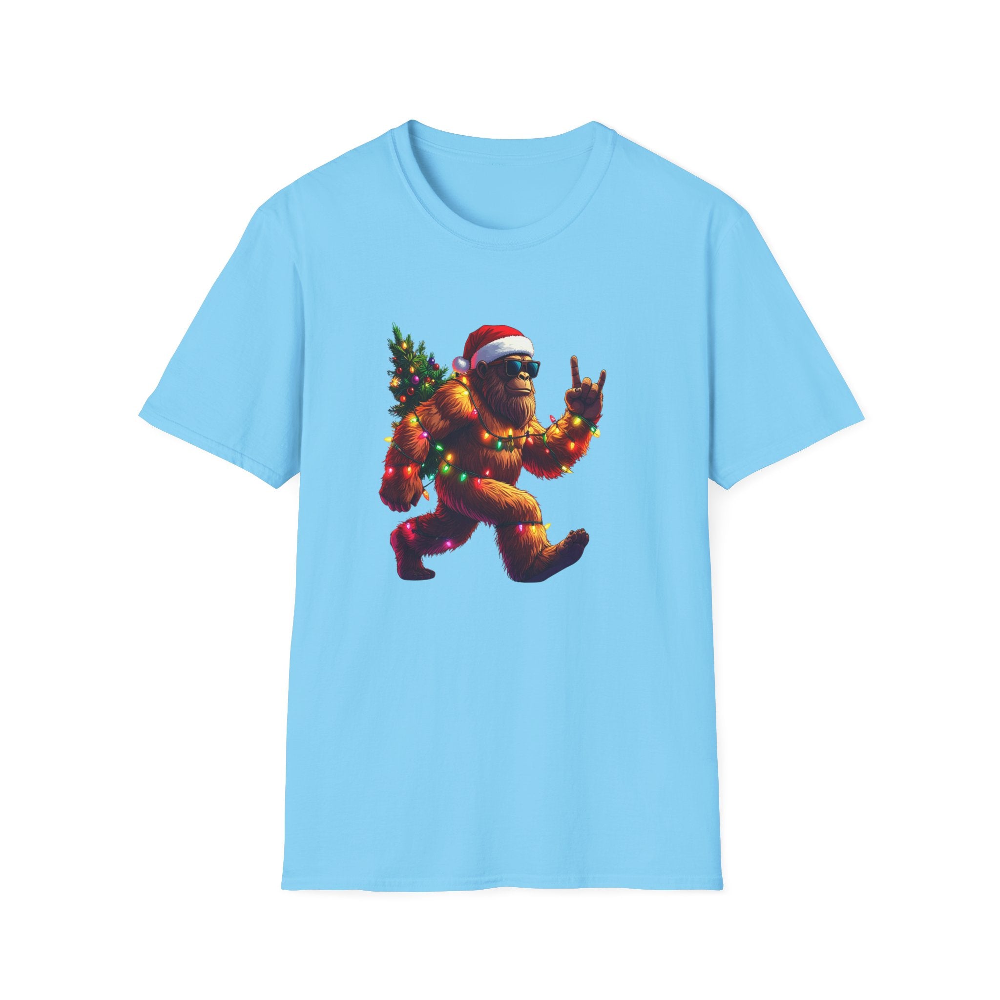 Christmas Sasquatch T-Shirt Festive Bigfoot with Santa Hat & Tree     Trendy TShirt