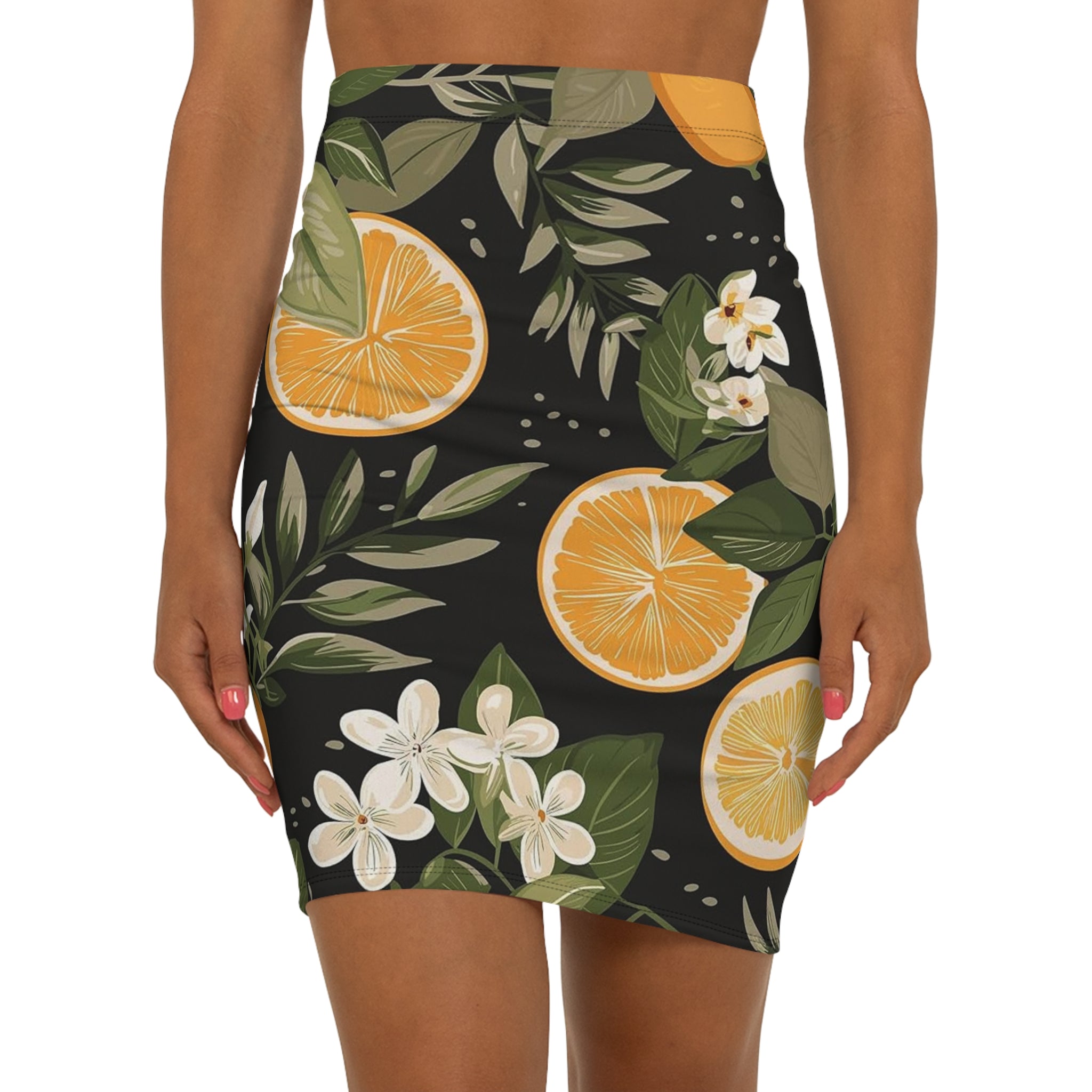Citrus Blossom Pencil Skirt — Black Orange Floral Mid‑Waist Skirt