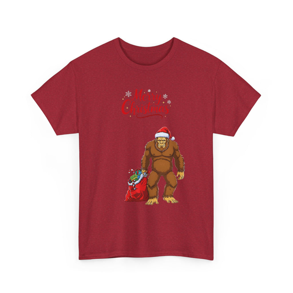 Christmas Sasquatch T-Shirt — "Merry Christmas" Bigfoot with Santa Hat & Gift Sack
