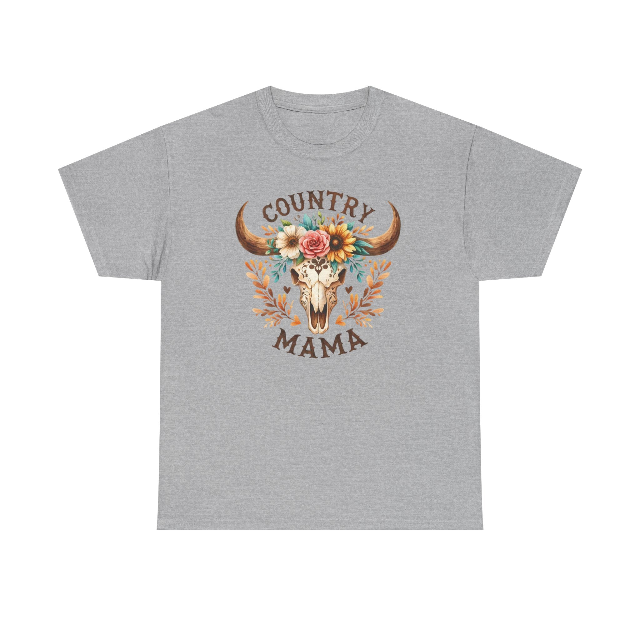 Country Mama T‑Shirt — Floral Steer Skull Design for Moms (Mother's Day, Farm Life)