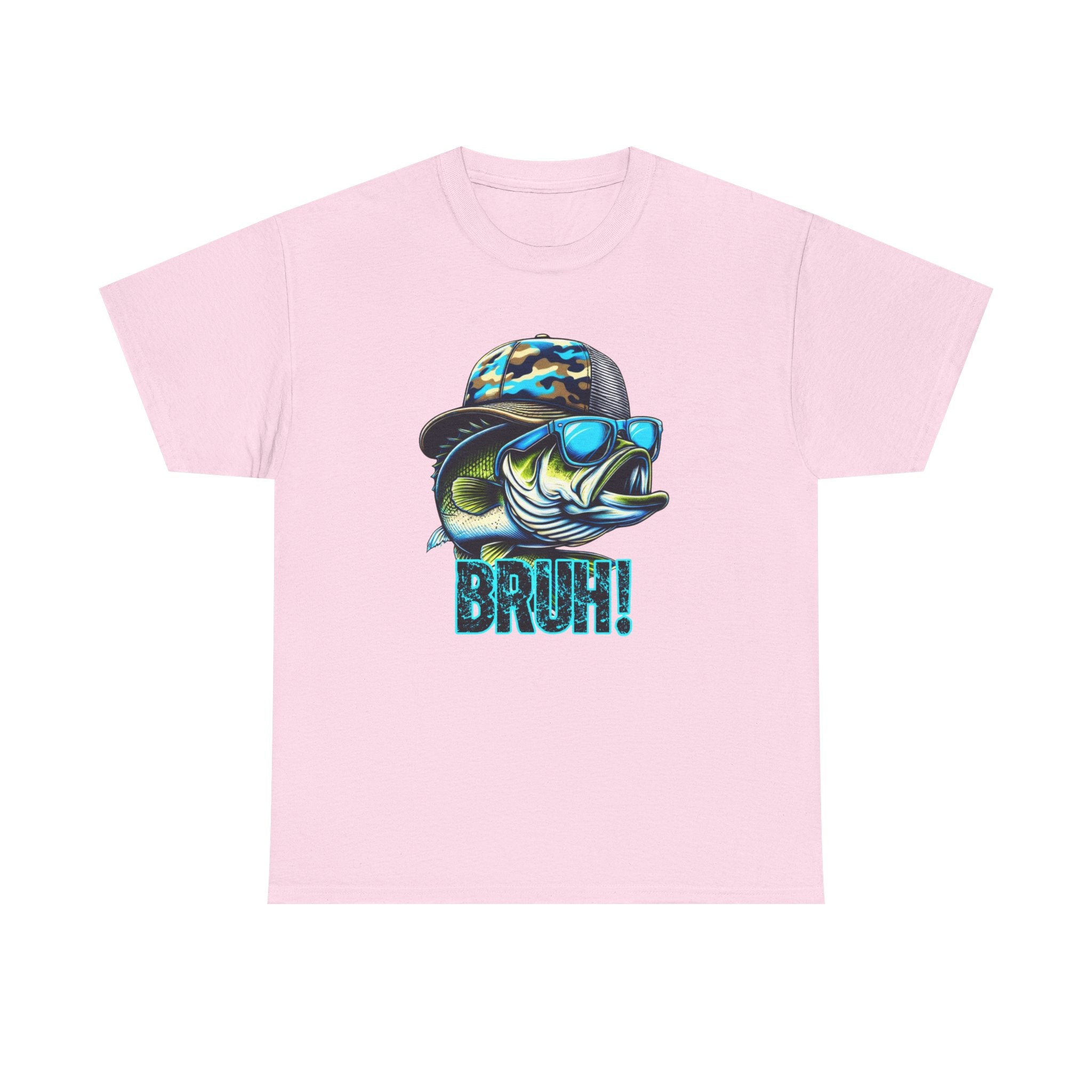 Fishing Fish Graphic Tee — 'BRUH!' Bass with Camo Hat & Sunglasses