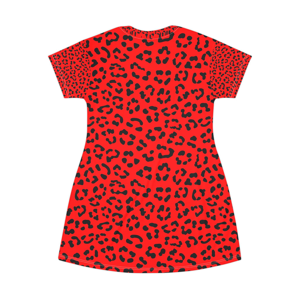 Red Leopard Print T-Shirt Dress — Bold Animal Print Mini Dress