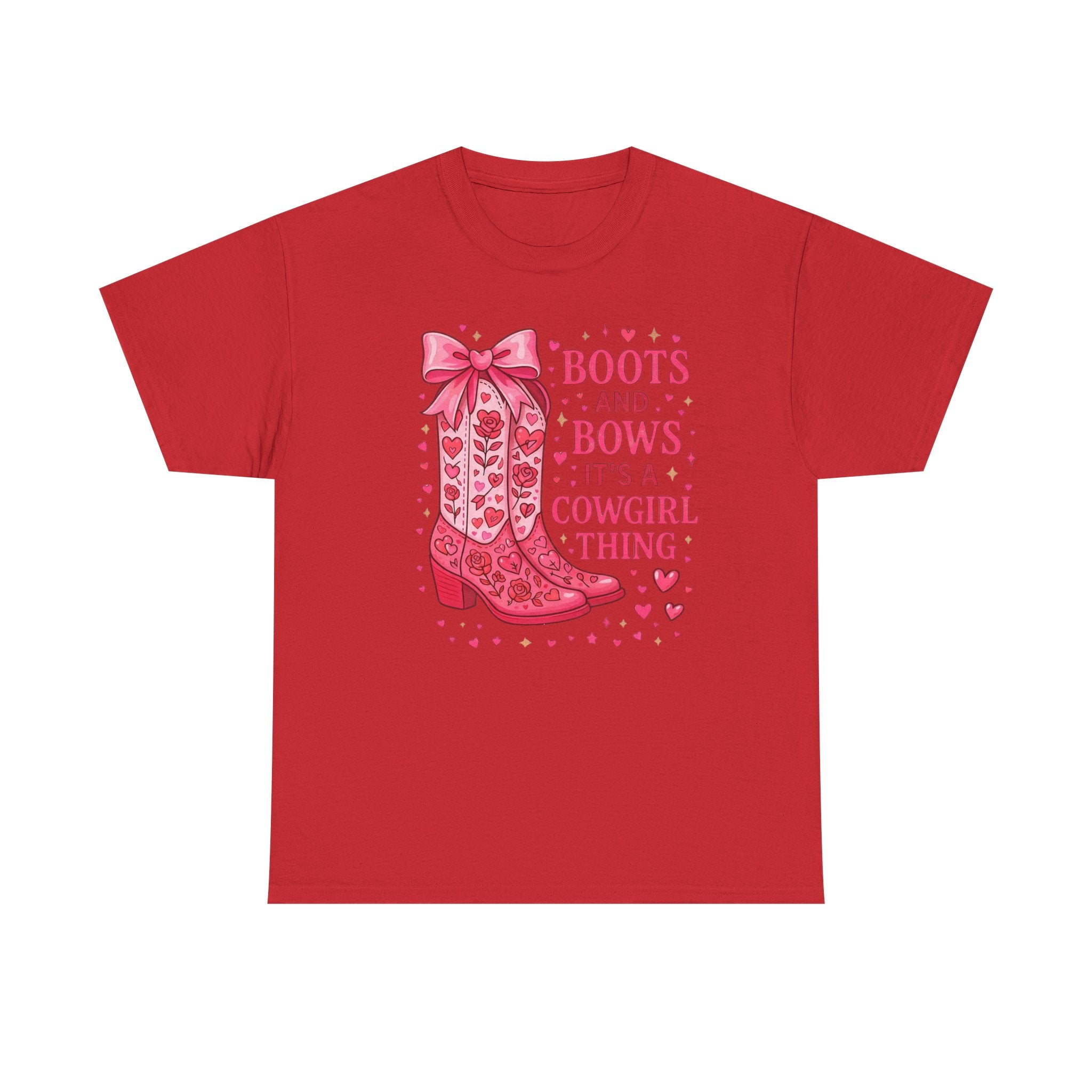 Cowgirl Boots and Bows T‑Shirt — "Boots and Bows, It's a Cowgirl Thing" Pink Western Tee  Trendy Farm