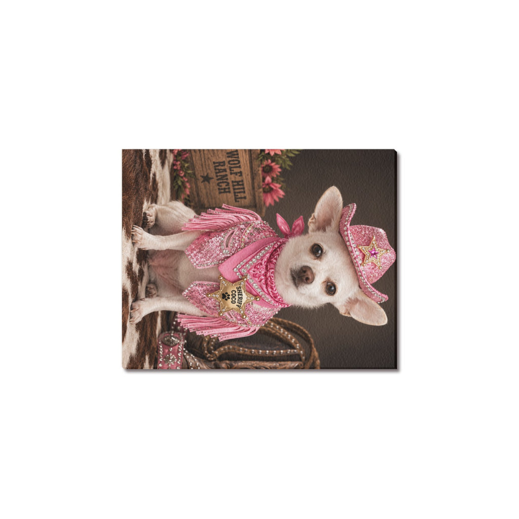 Frame Canvas Print 8"x10"(Made in USA)      Sheriff Coco Western Canvas Wall Art – Pink Cowgirl Chihuahua Ranch Decor – Western Dog Lover Home Decor