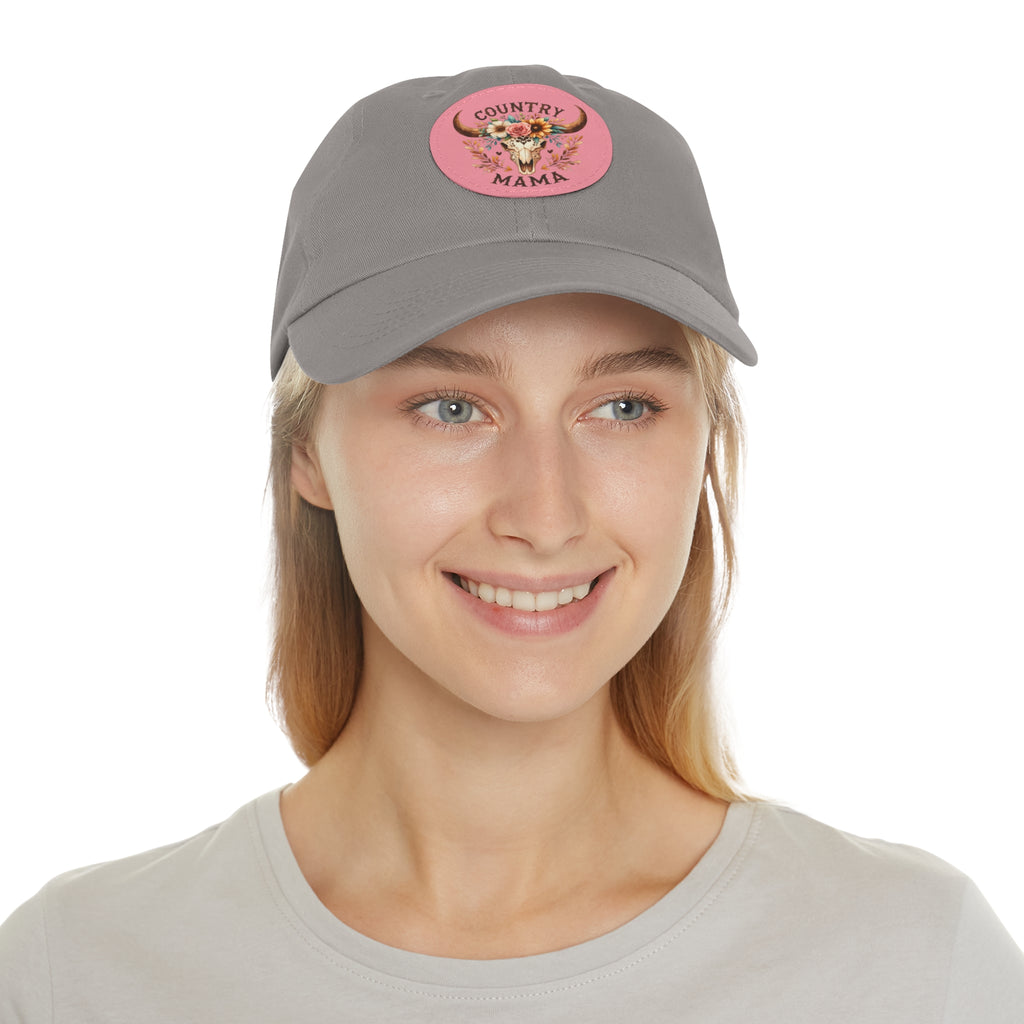 Country Mama Leather Patch Dad Hat — Floral Bull Skull Cap