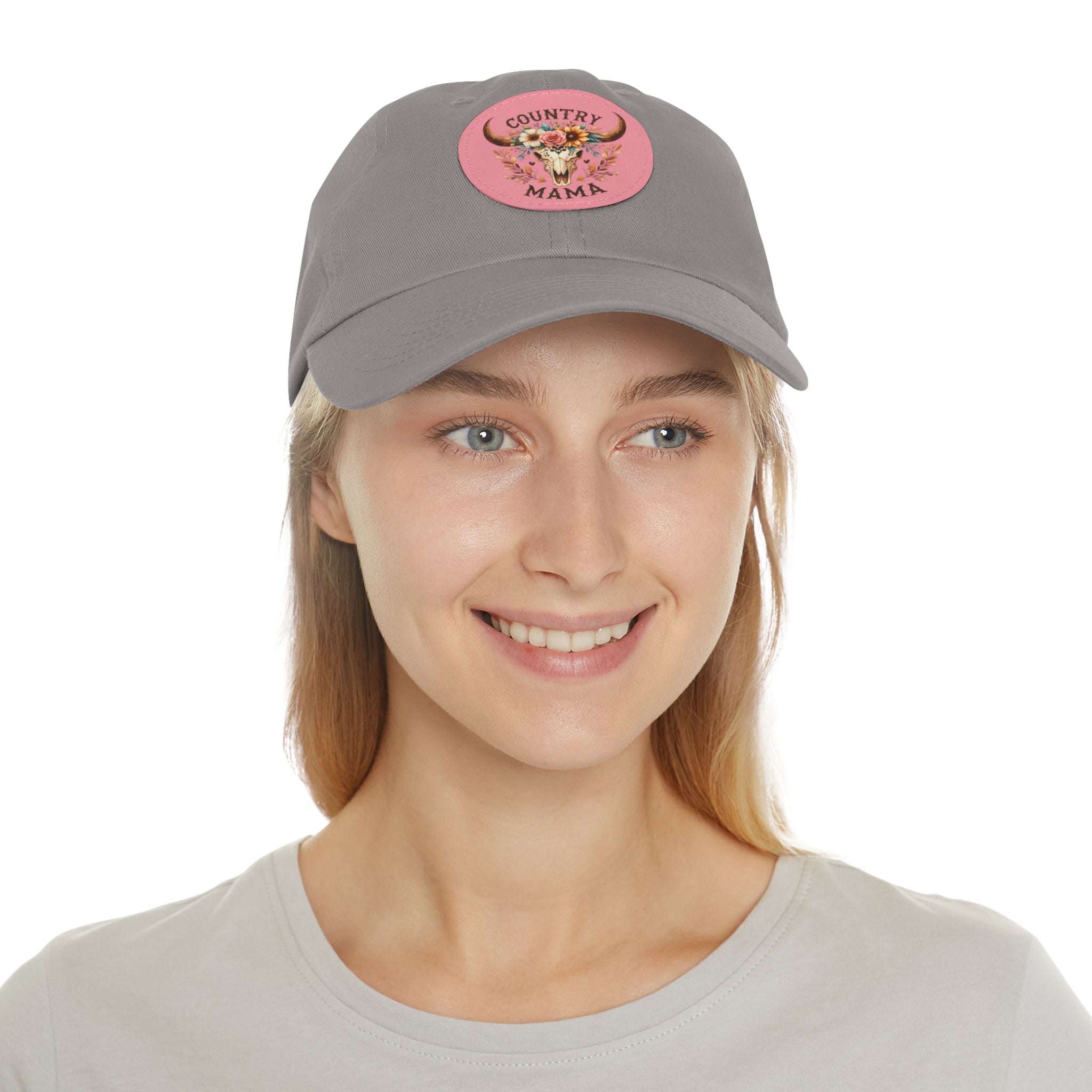 Country Mama Leather Patch Dad Hat — Floral Bull Skull Cap