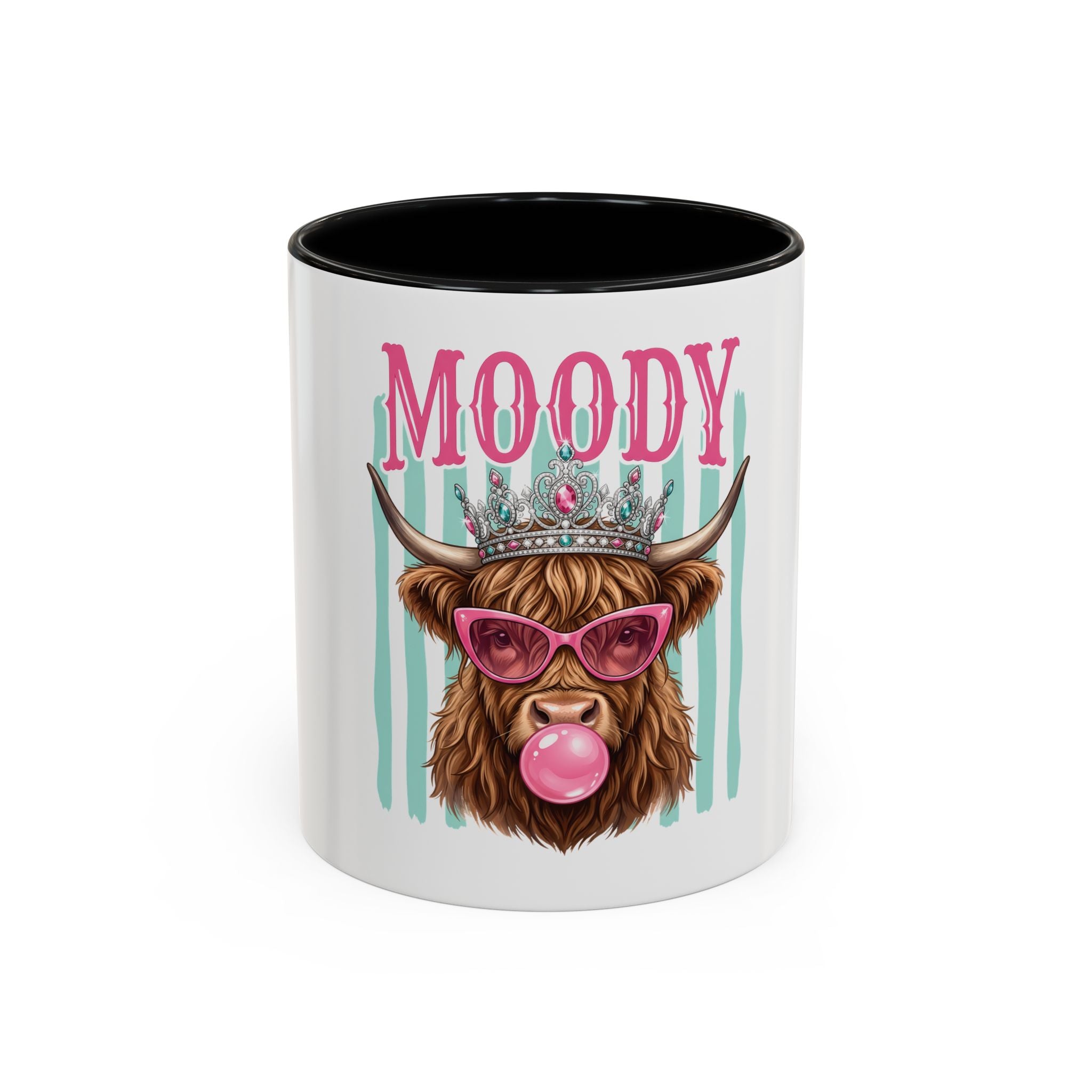 Moody Highland Cow Coffee Mug — Funny Crowned Cow with Bubblegum | Gift for Cow Lovers