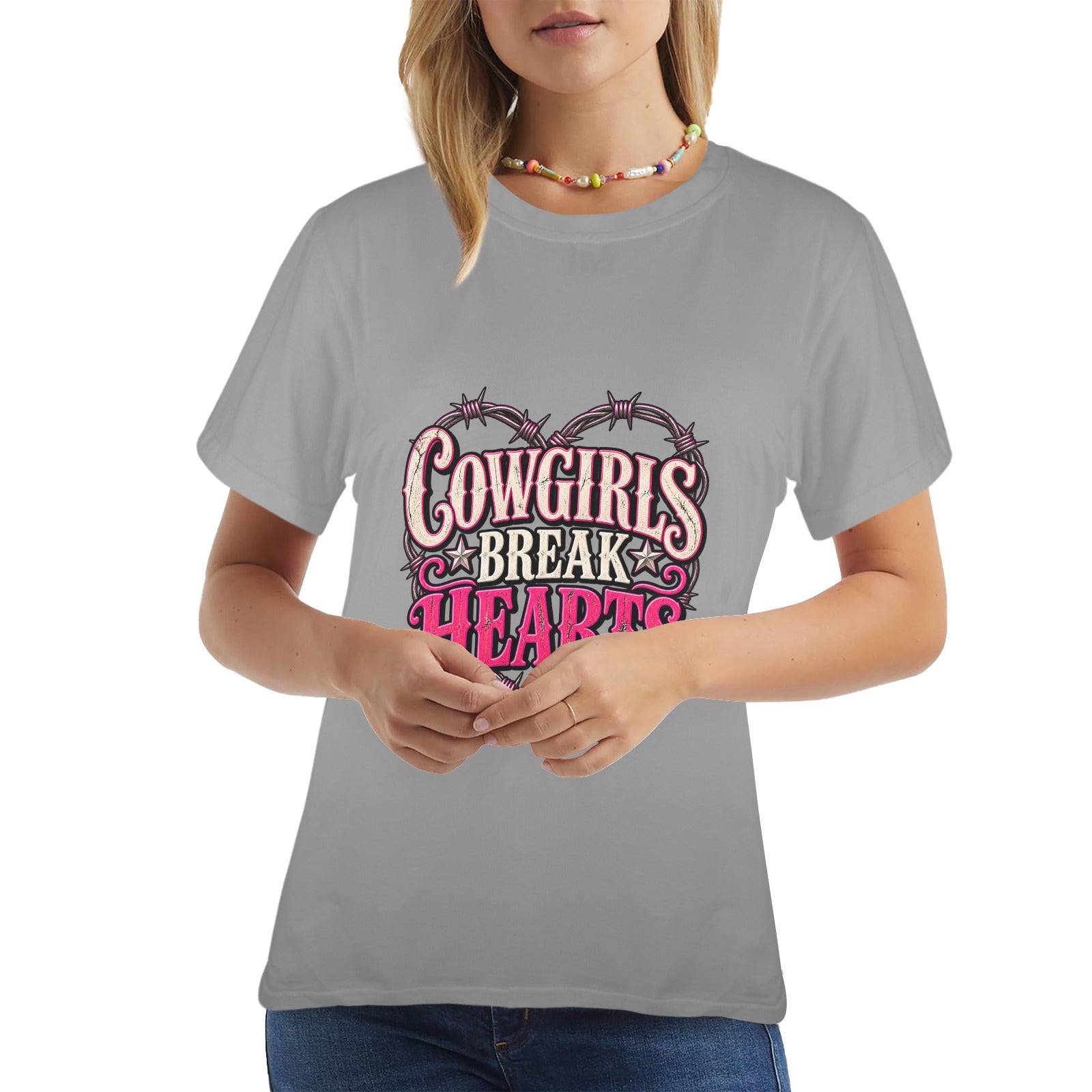 Cowgirls Break Hearts Women’s Western T-Shirt  Pink Barbed Wire Cowgirl Tee