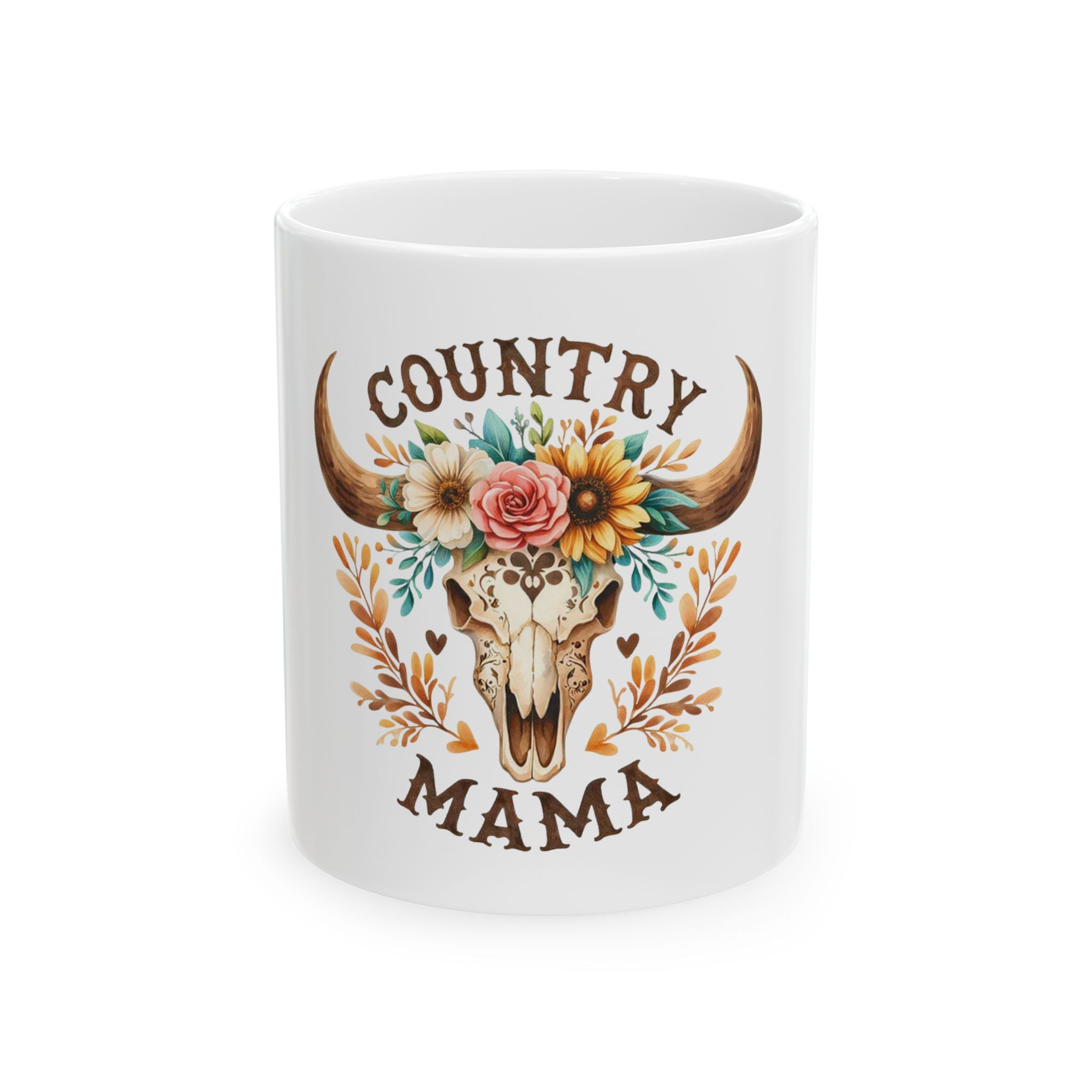 Country Mama Ceramic Mug — Floral Cow Skull Coffee Cup (11oz & 15oz)