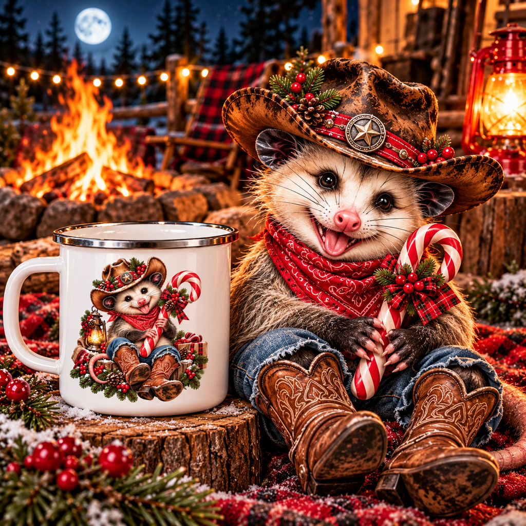 Pete the Possum Christmas Enamel Camping Mug – Western Cowboy Holiday Camp Cup 🎄🤠☕