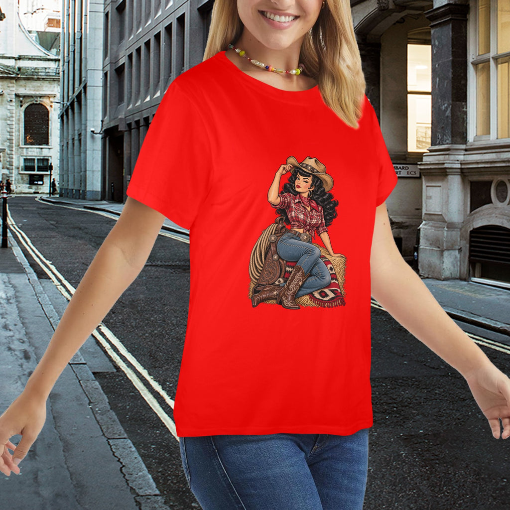 Red Plaid Rebel Cowgirl Women's T-Shirt — Retro Western Pin-Up Graphic Tee