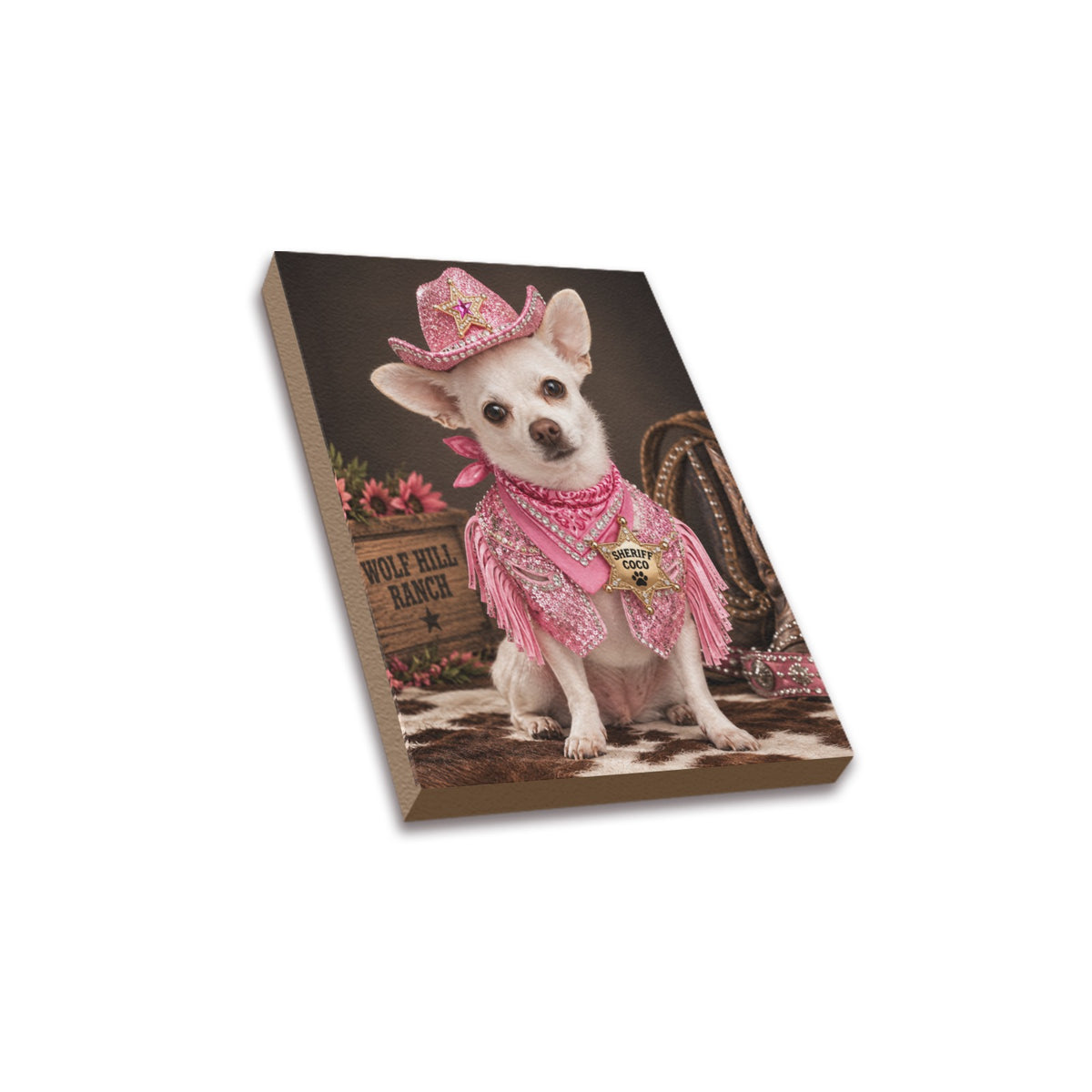 Frame Canvas Print 8"x10"(Made in USA)      Sheriff Coco Western Canvas Wall Art – Pink Cowgirl Chihuahua Ranch Decor – Western Dog Lover Home Decor