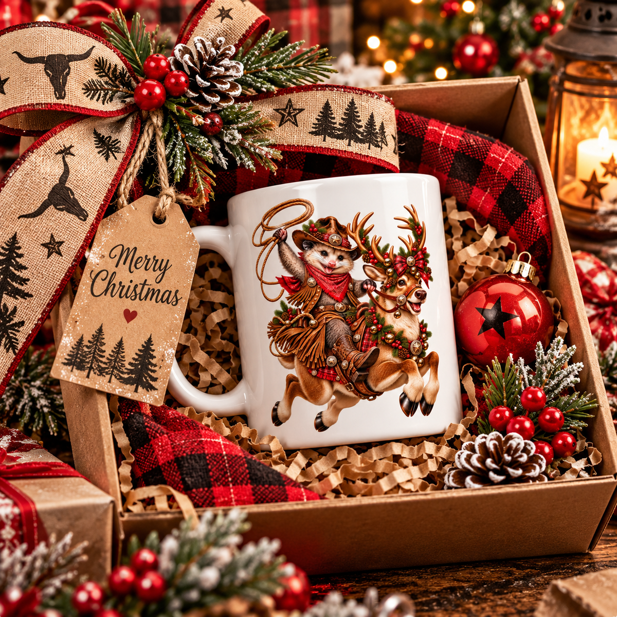 Christmas Cowboy Possum & Reindeer Mug – Funny Western Holiday Coffee Cup 🤠🎄🦌