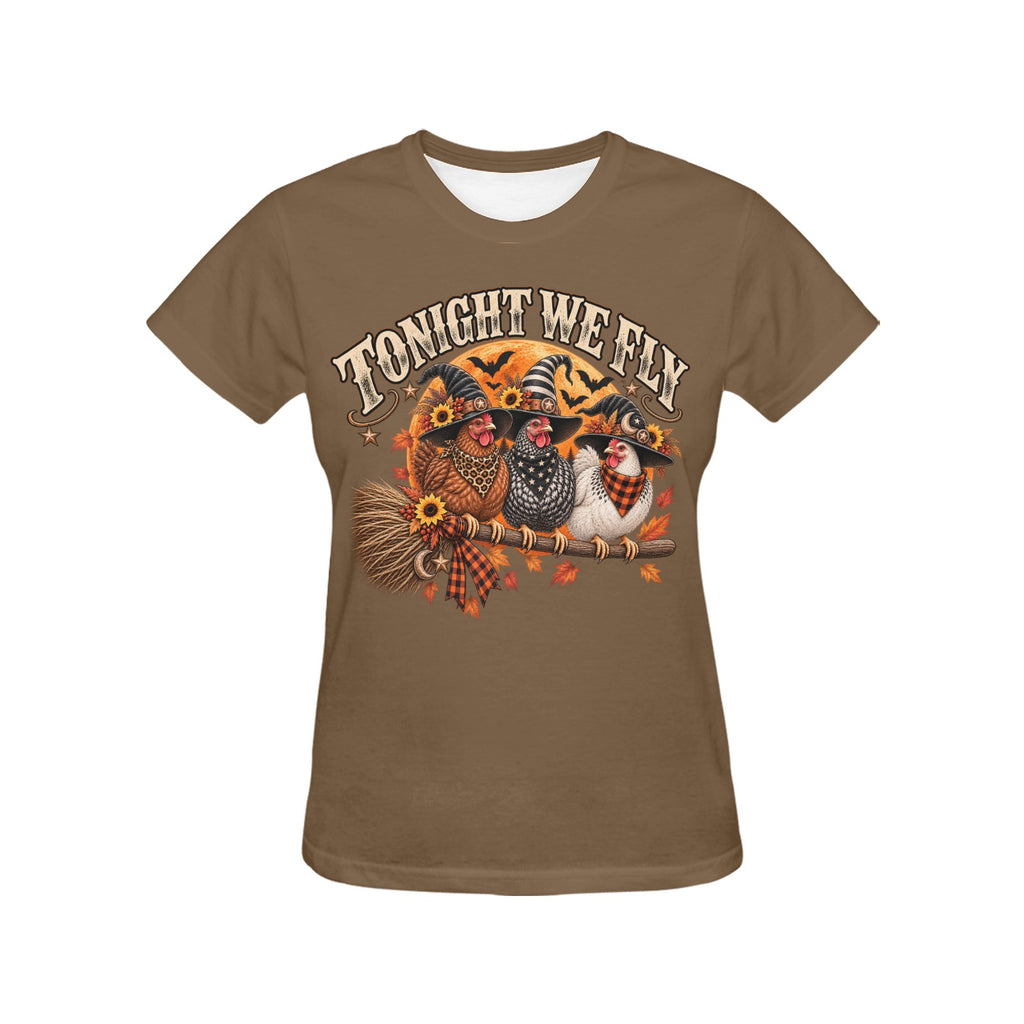 Tonight We Fly Witchy Hens Ladies Halloween T-Shirt Western Farm  (Ships to USA Only)