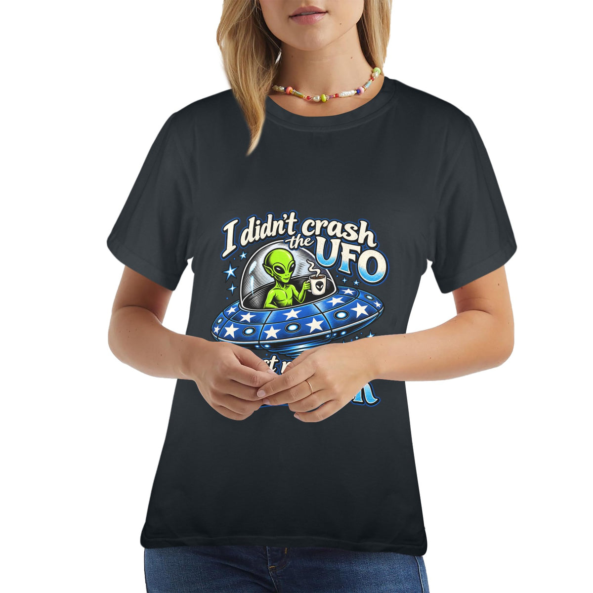 Alien Coffee Break Ladies T-Shirt  Funny UFO Retro Alien Coffee Lover Graphic Tee