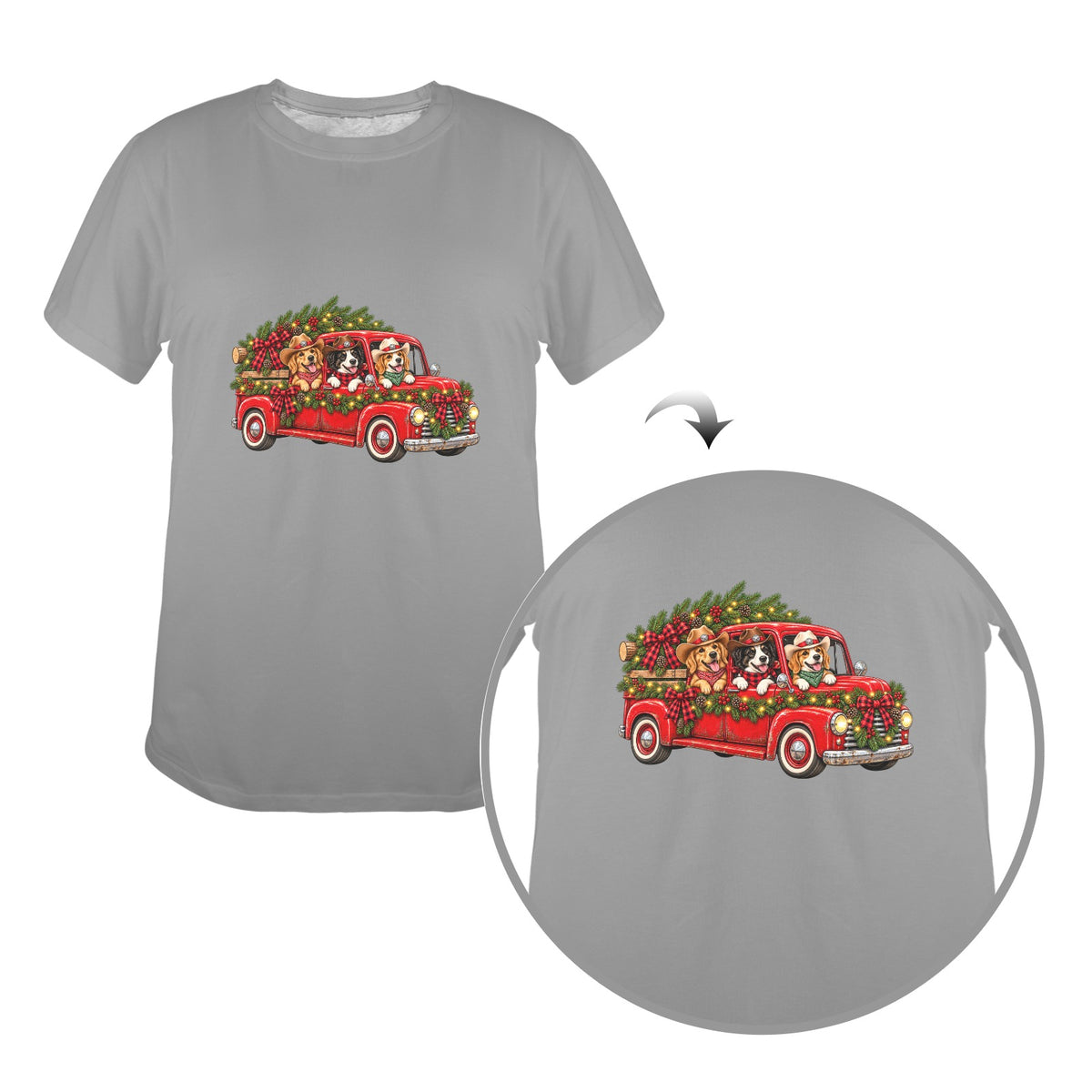 Christmas Pups on the Ranch Ladies Tee – Vintage Red Truck Western Holiday Dog Lovers