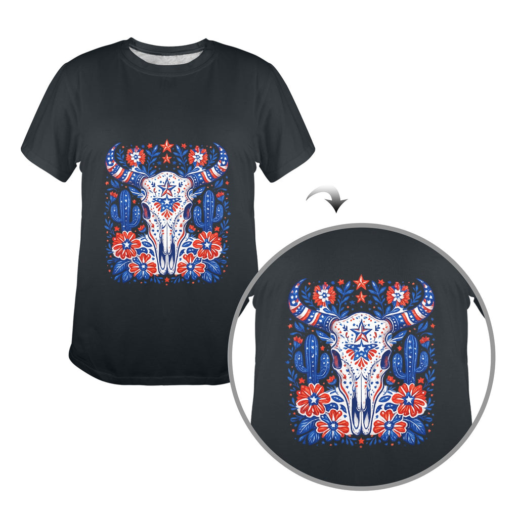 Patriotic Bull Skull T-Shirt — Western Folk Art Floral Longhorn Tee